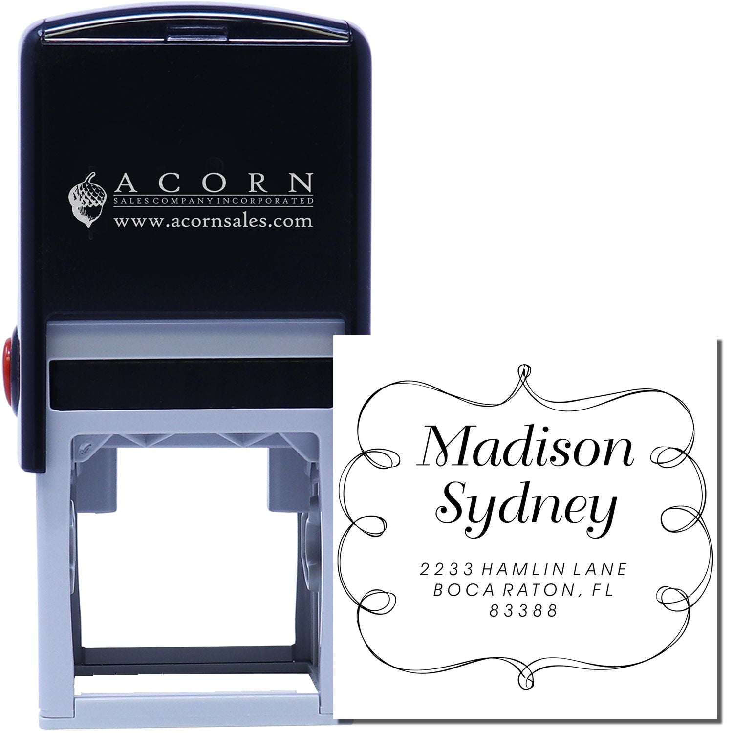 Custom self-inking rubber address stamp with name and Boca Raton, FL return address for mailing envelopes.