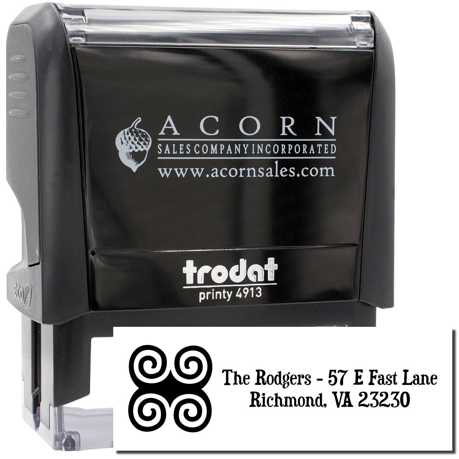 Custom self-inking rubber stamp, Trodat Printy 4913, with business logo and address imprint for mailing and branding.