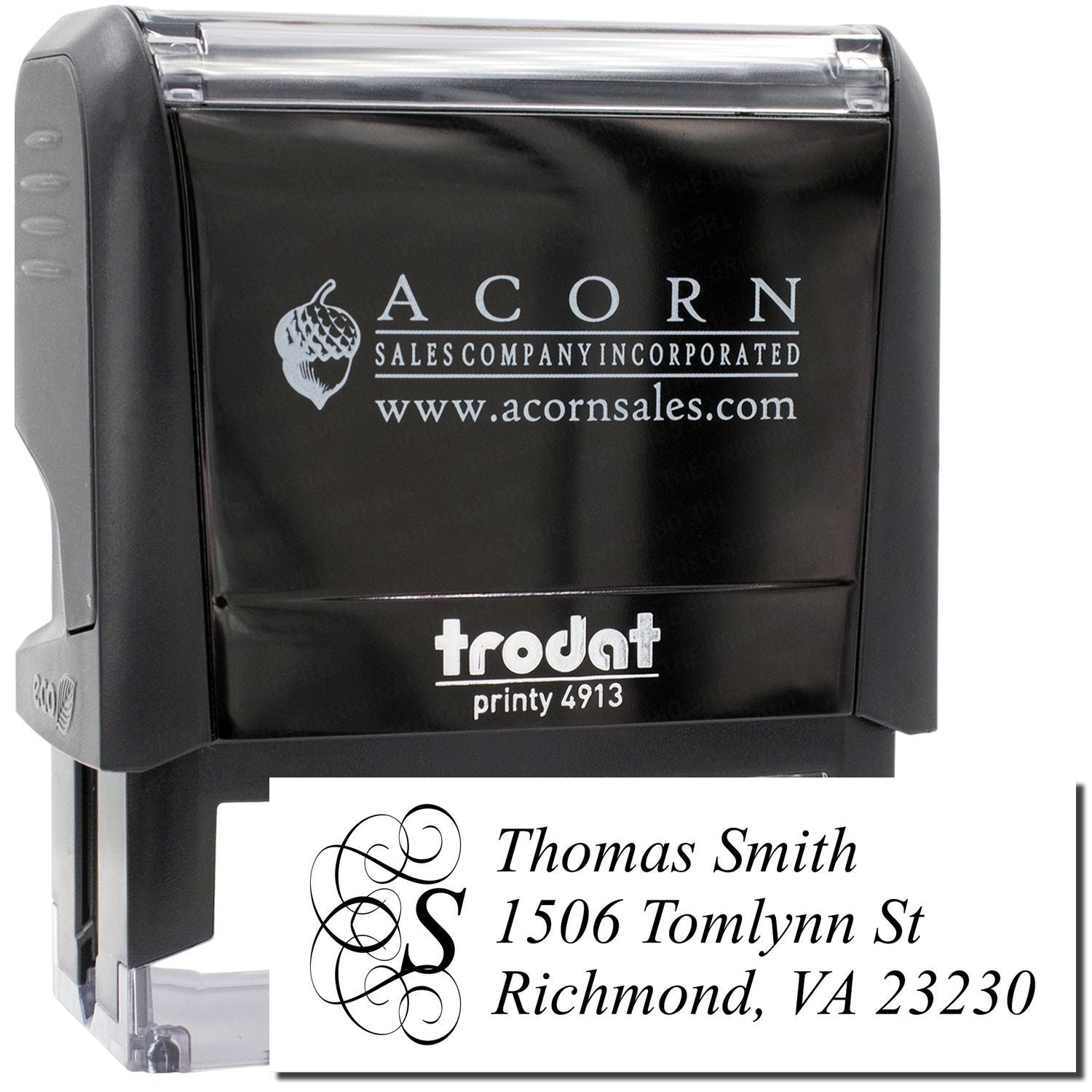 Custom self-inking rubber address stamp, Trodat Printy 4913, with name and mailing address for business correspondence.