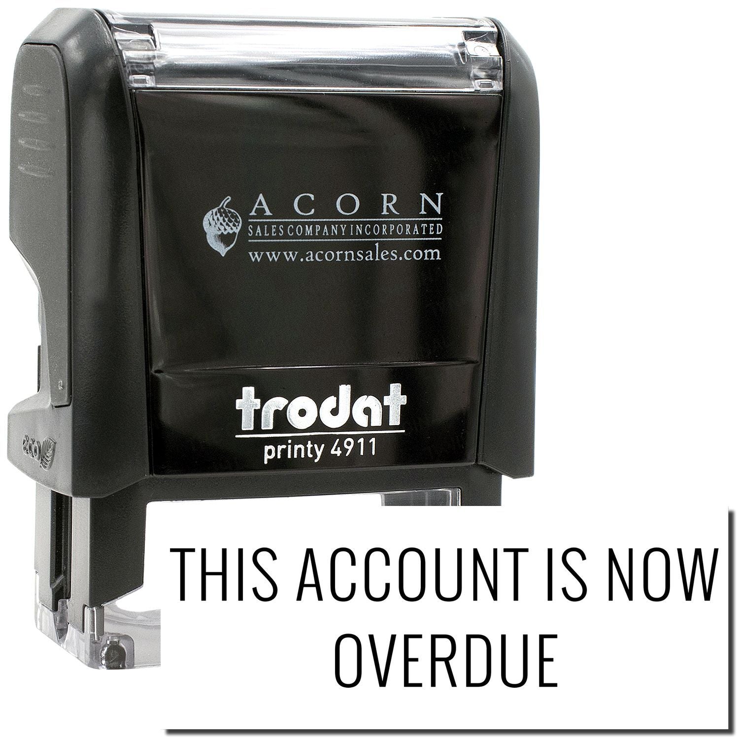 Trodat Printy 4911 self-inking overdue account stamp with This Account Is Now Overdue text and Acorn Sales branding