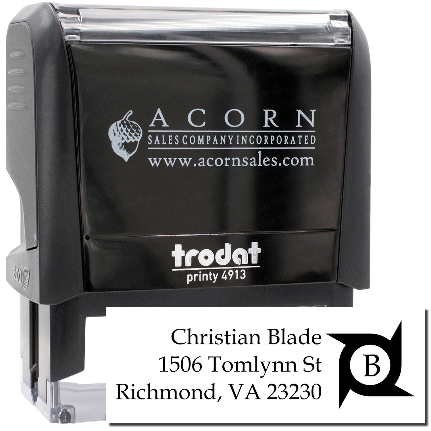 Custom self-inking rubber stamp with Trodat Printy 4913, showing a business address stamp impression for Christian Blade.