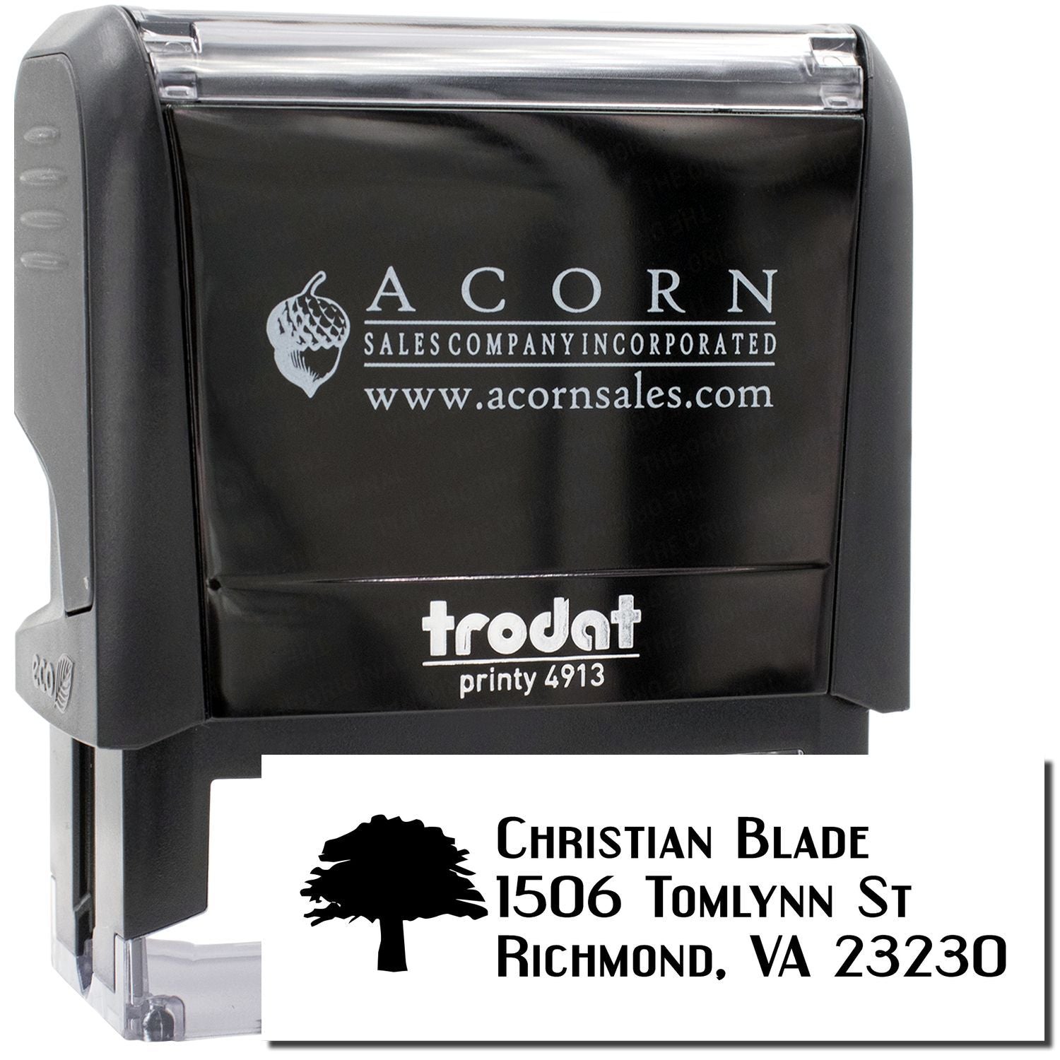 Custom Trodat Printy self-inking rubber stamp with business logo and address imprint for professional mailing and branding