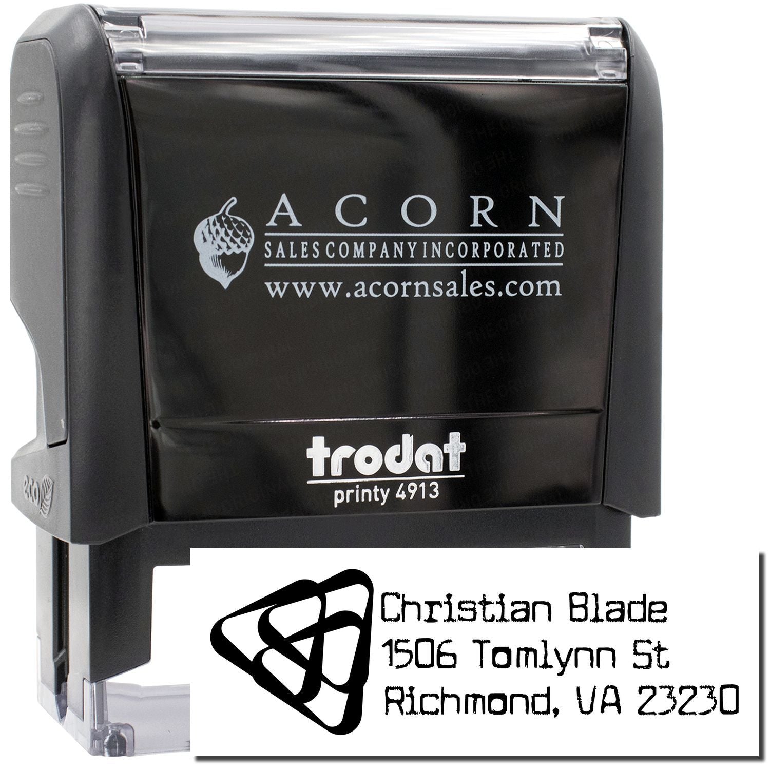 Custom self-inking rubber stamp with address and logo imprint, Trodat Printy 4913 for business mailing.