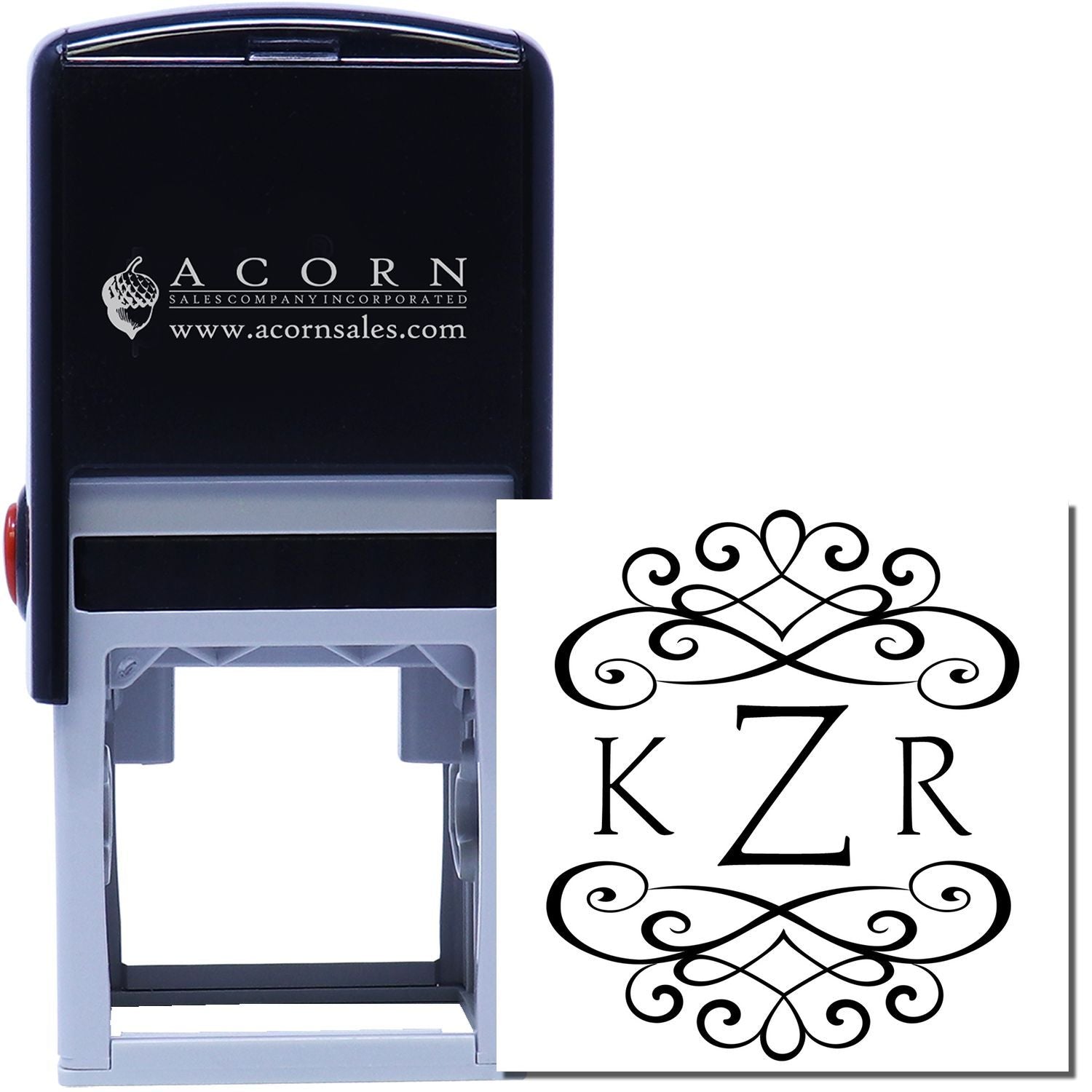 Custom self-inking monogram rubber stamp with ornate KZR initials for personalized wedding or business stationery.