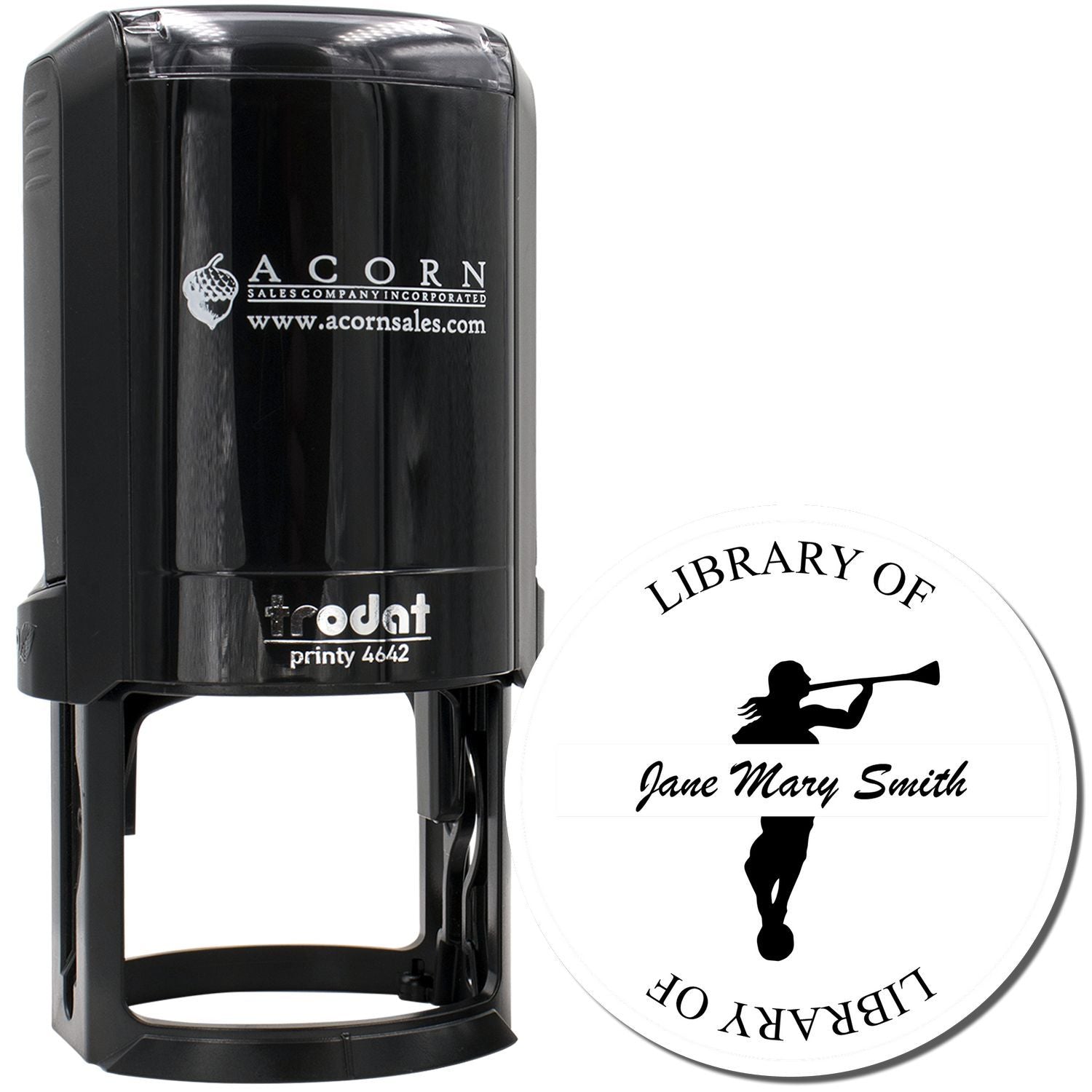 Custom self-inking Trodat rubber stamp with personalized library of Jane Mary Smith imprint for books and office use.