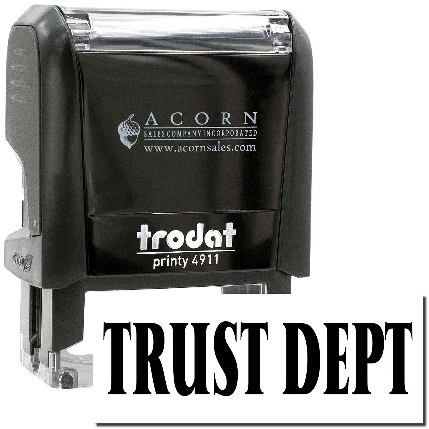 Trodat Printy 4911 self-inking Trust Dept rubber stamp from Acorn Sales Company, black office stamp with clear impression.