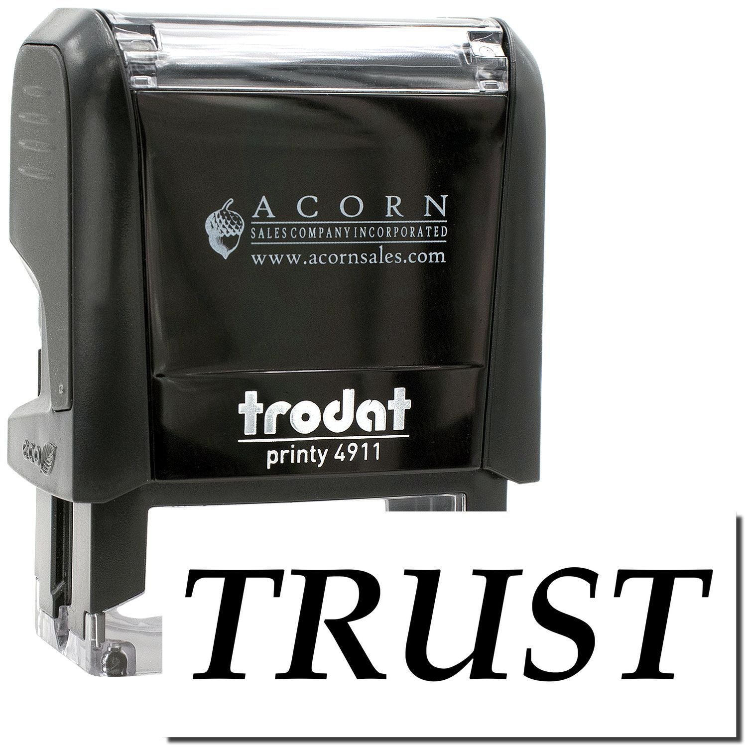 Black Trodat Printy 4911 self-inking stamp with TRUST text and Acorn Sales branding on white background
