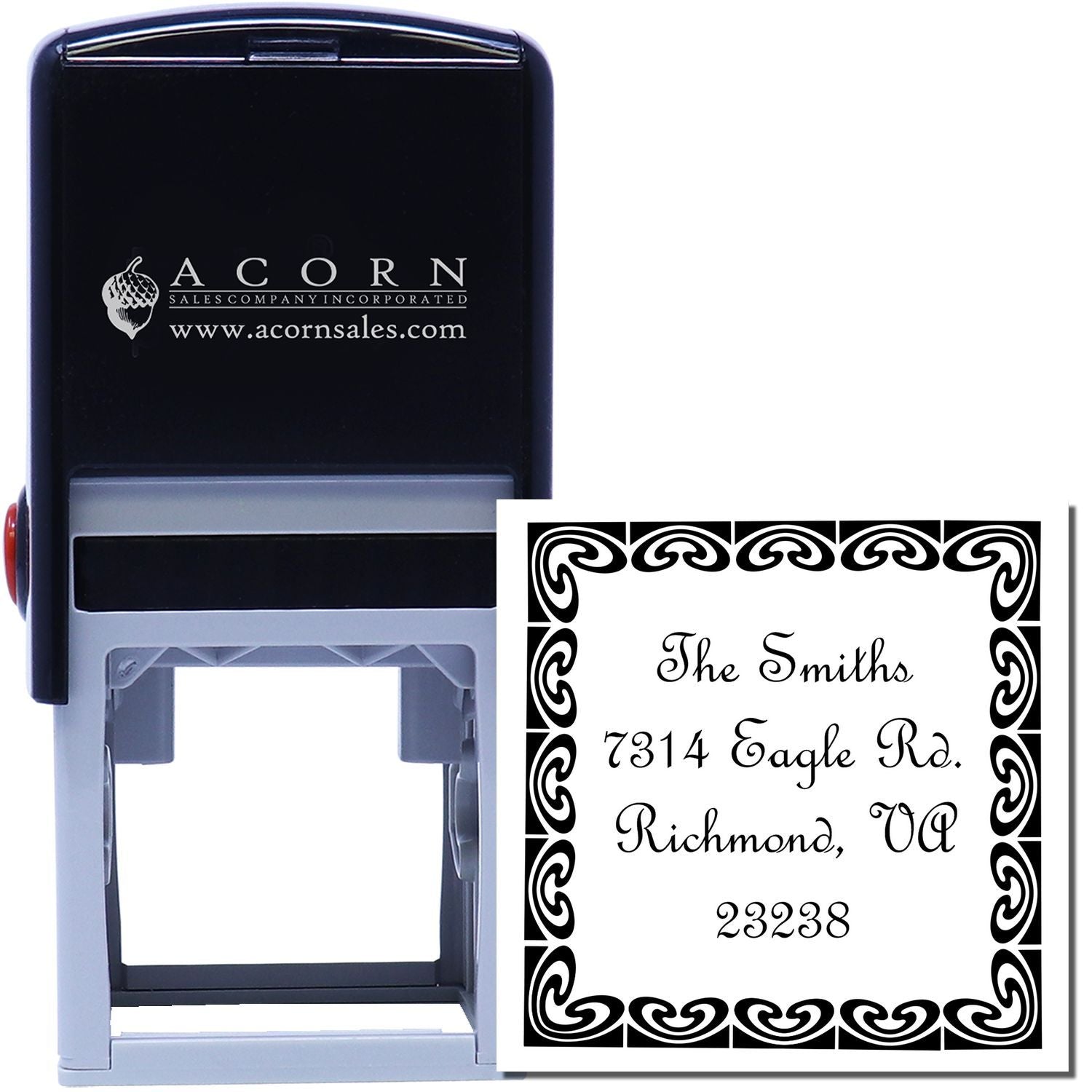 Custom self-inking rubber address stamp with decorative border for return mailing labels and personalized home addresses
