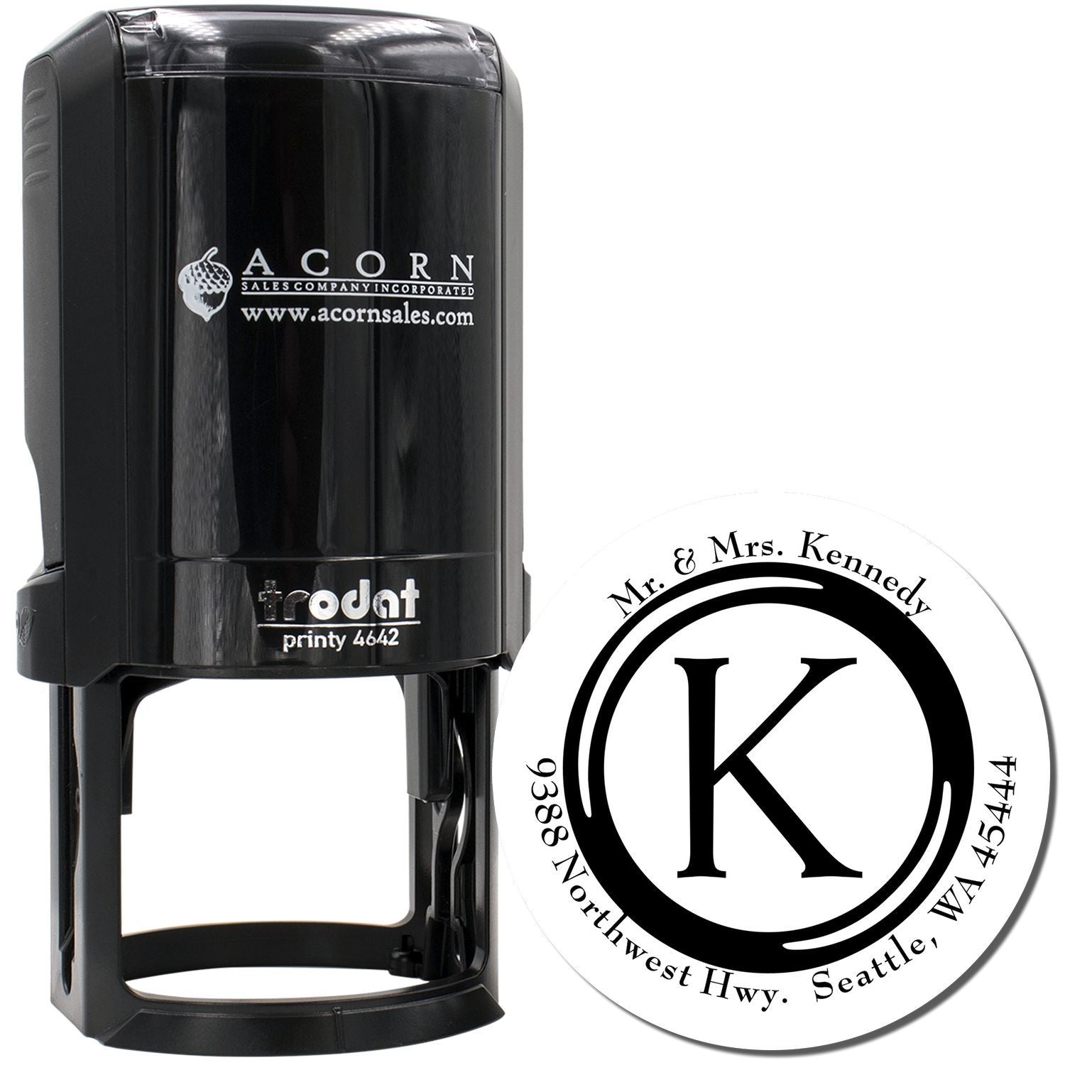 Custom self-inking rubber address stamp with monogram K for Mr. & Mrs. Kennedy, Seattle, WA return address.