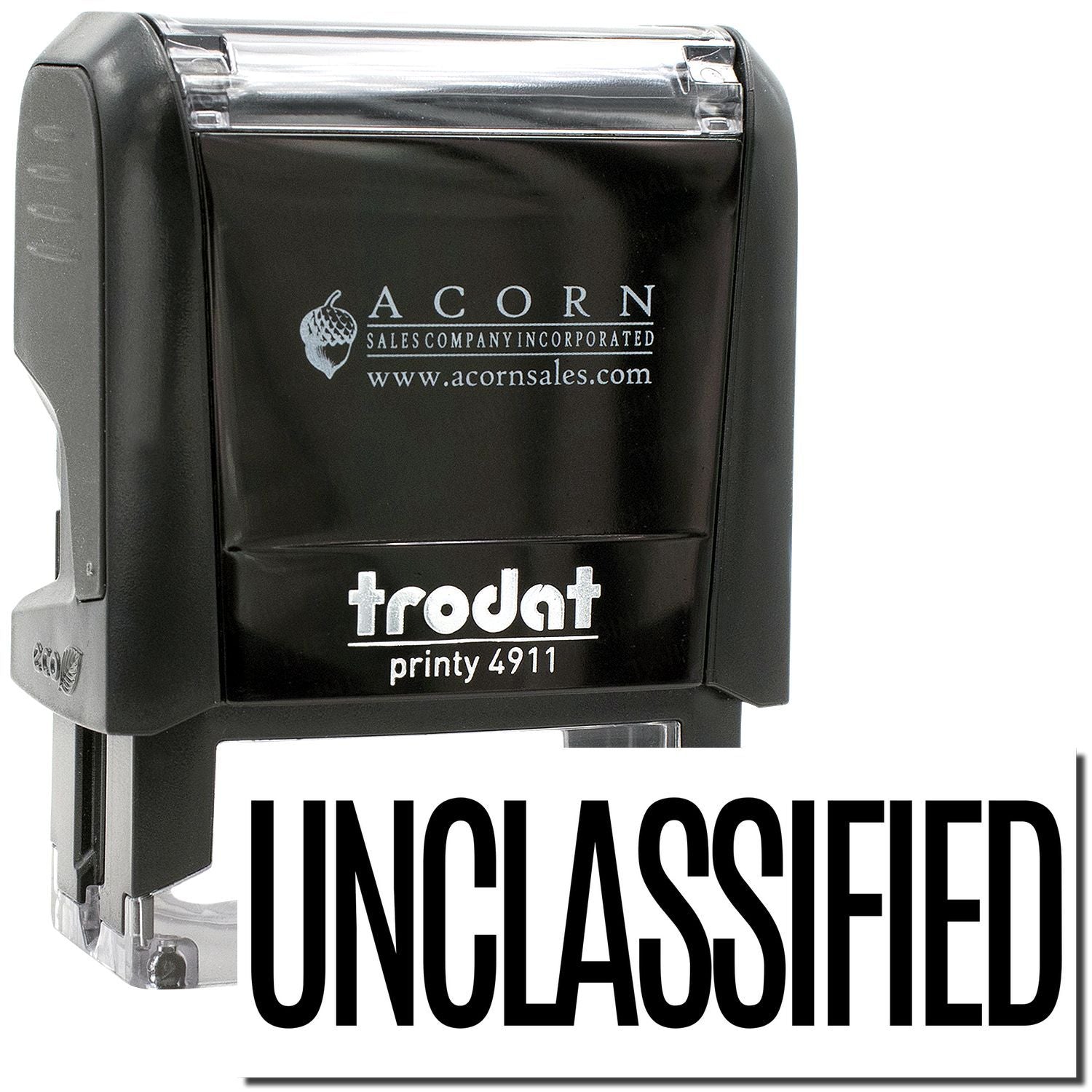 Trodat Printy 4911 self-inking stamp with UNCLASSIFIED text and Acorn Sales logo branding