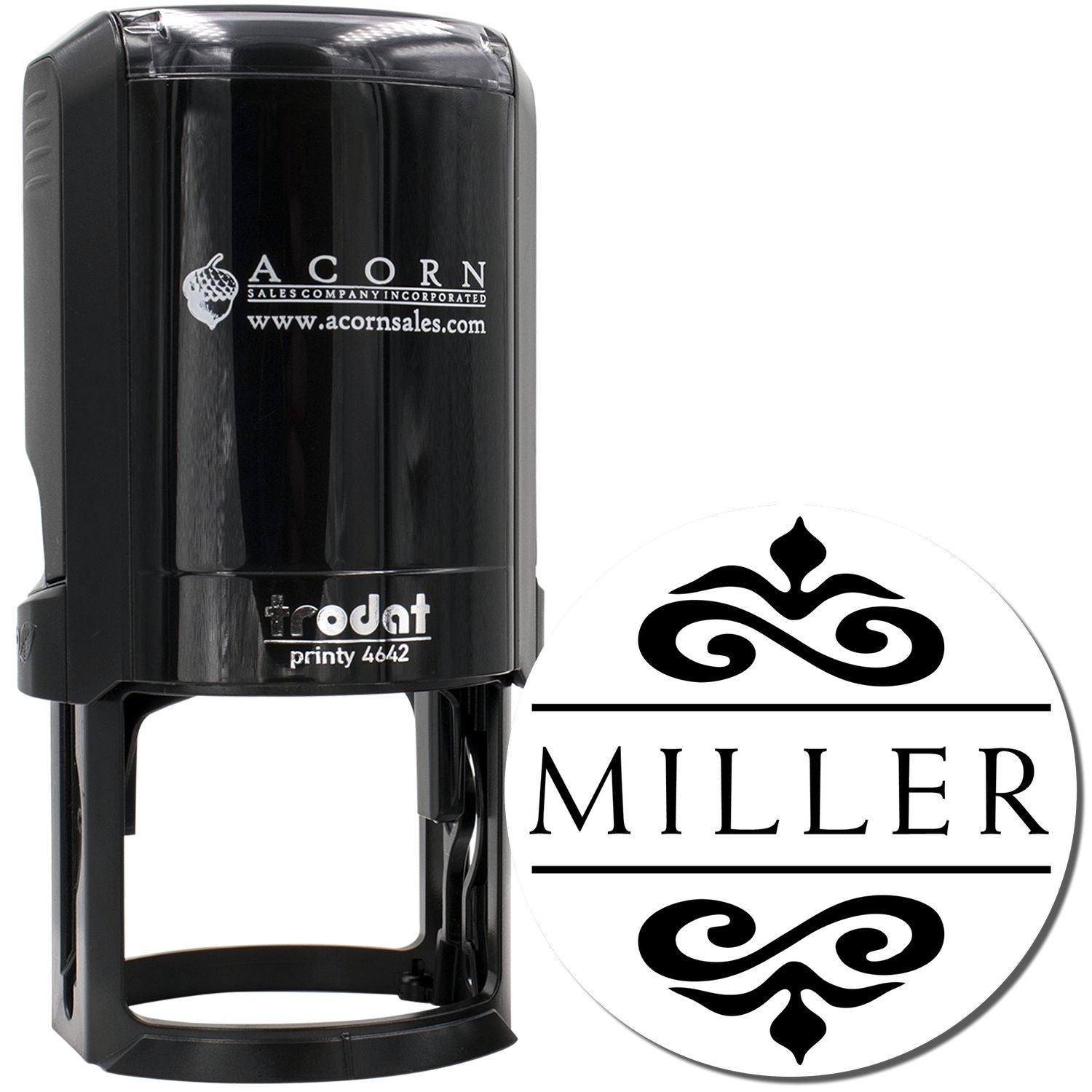 Custom self-inking rubber stamp with round Miller monogram design, ideal for personalized business or return-address stamping.