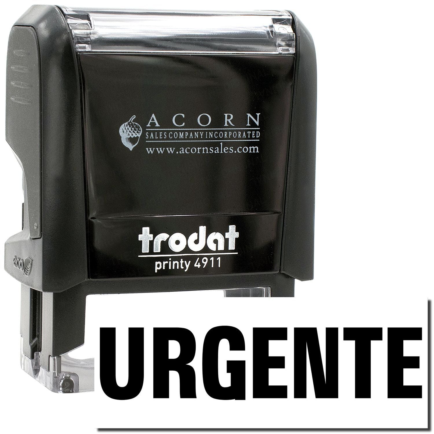 Trodat Printy 4911 urgent self-inking stamp, black office rubber stamp by Acorn Sales Company.