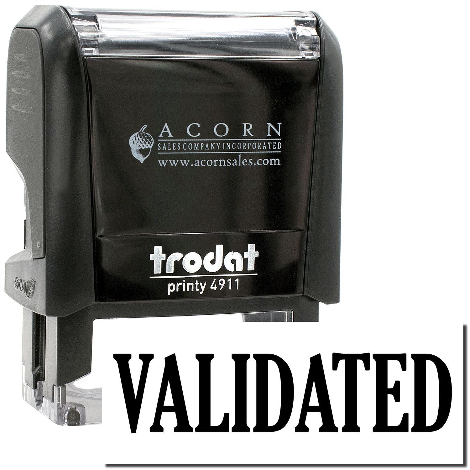 Black Trodat Printy 4911 self-inking stamp with VALIDATED imprint and Acorn Sales logo.