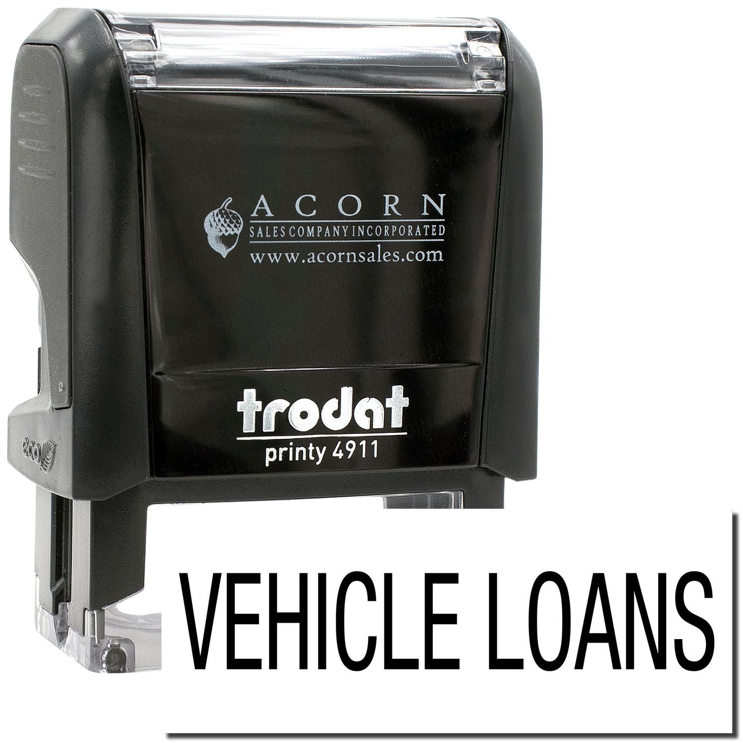 Black Trodat Printy 4911 self-inking stamp with Vehicle Loans imprint and Acorn Sales branding