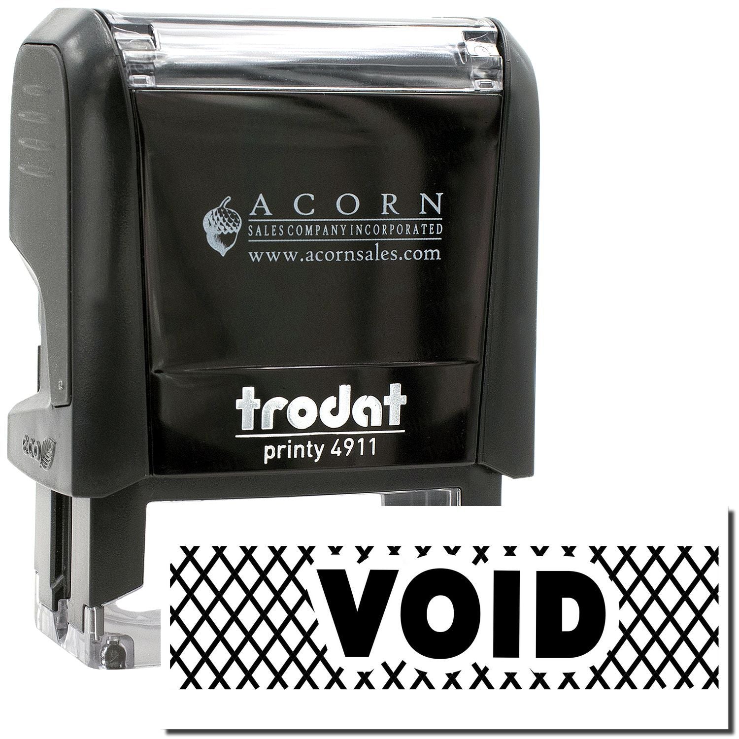 Trodat Printy 4911 self-inking VOID stamp with black Acorn Sales branding on a white background