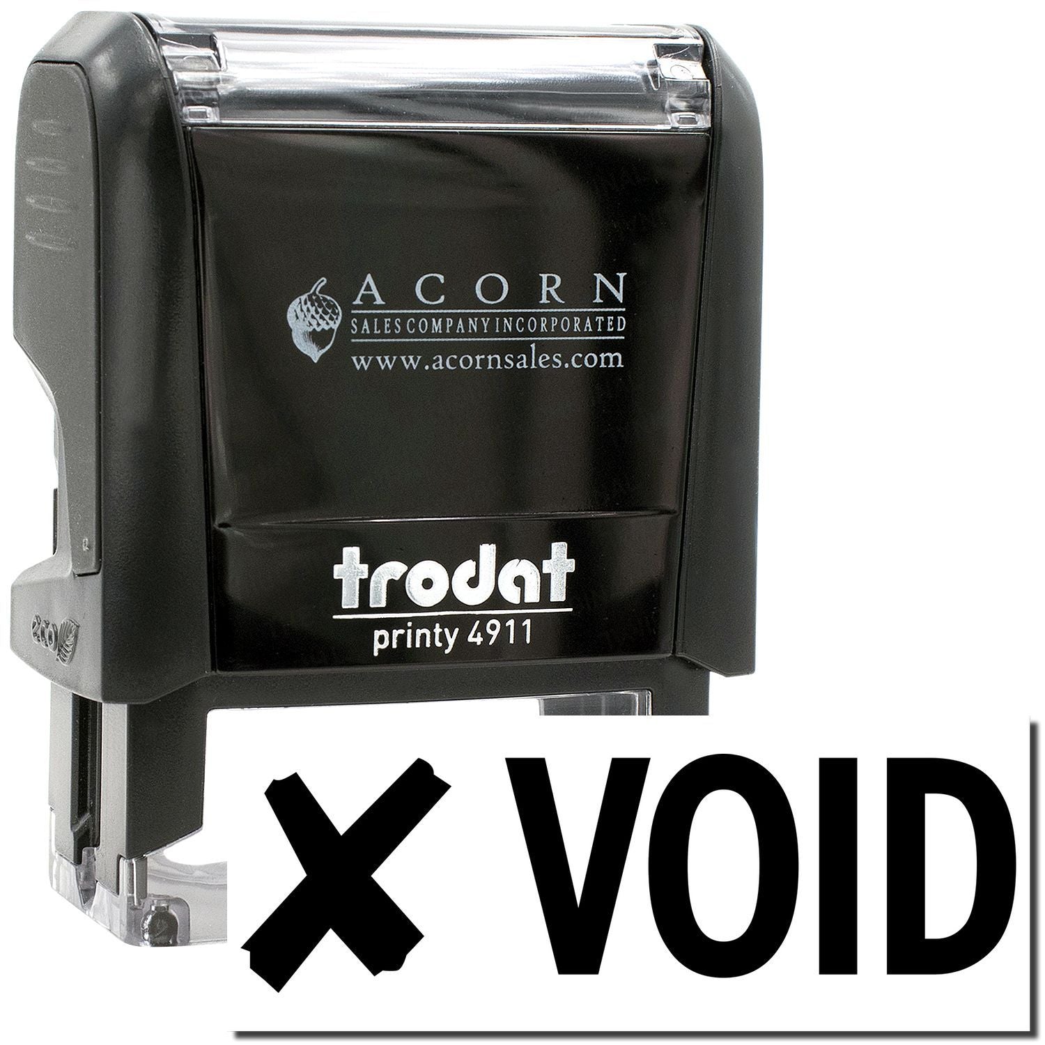 Trodat Printy 4911 black self-inking VOID stamp with Acorn Sales Company logo.