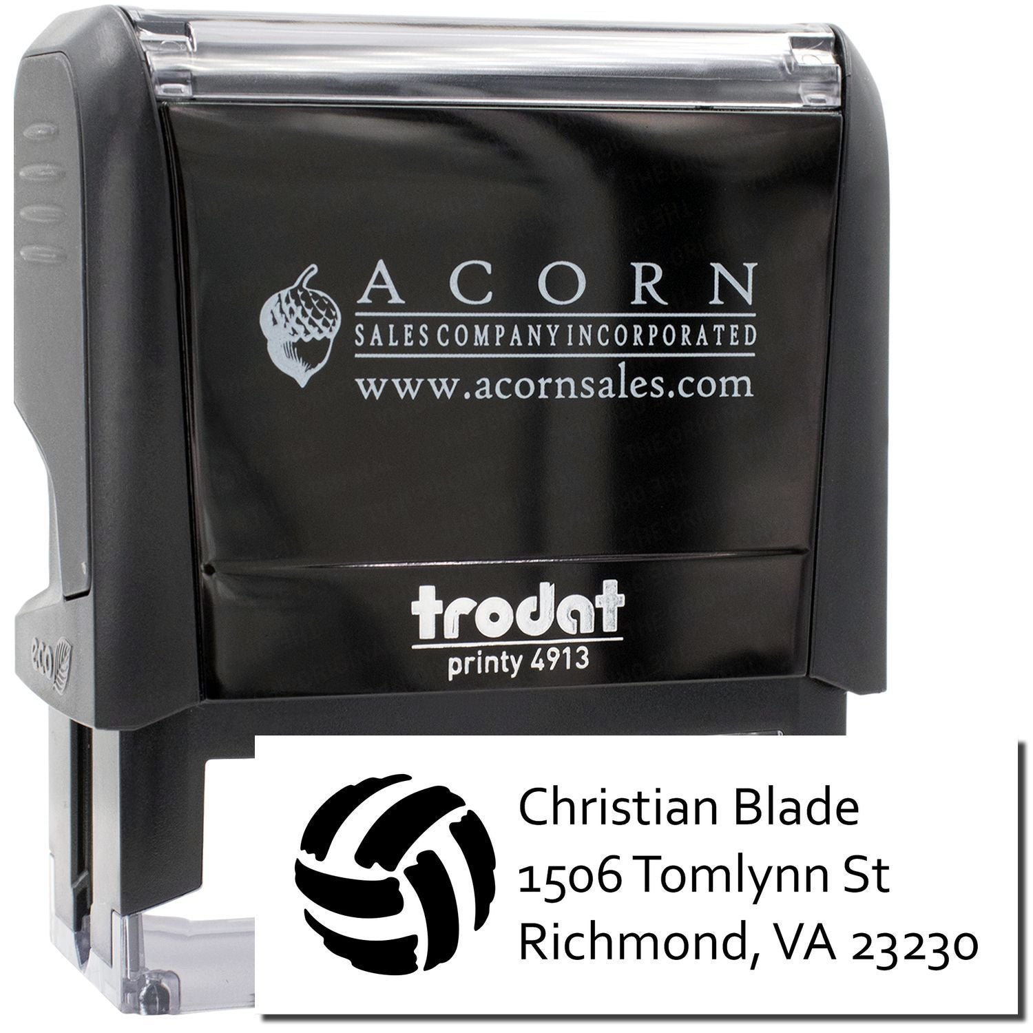 Custom self-inking rubber address stamp with logo, business name, and mailing address, Trodat Printy 4913.