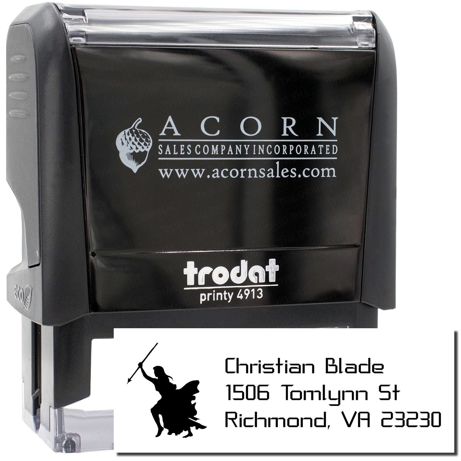 Self-inking custom address rubber stamp, Trodat Printy 4913, with personalized name and return address imprint.