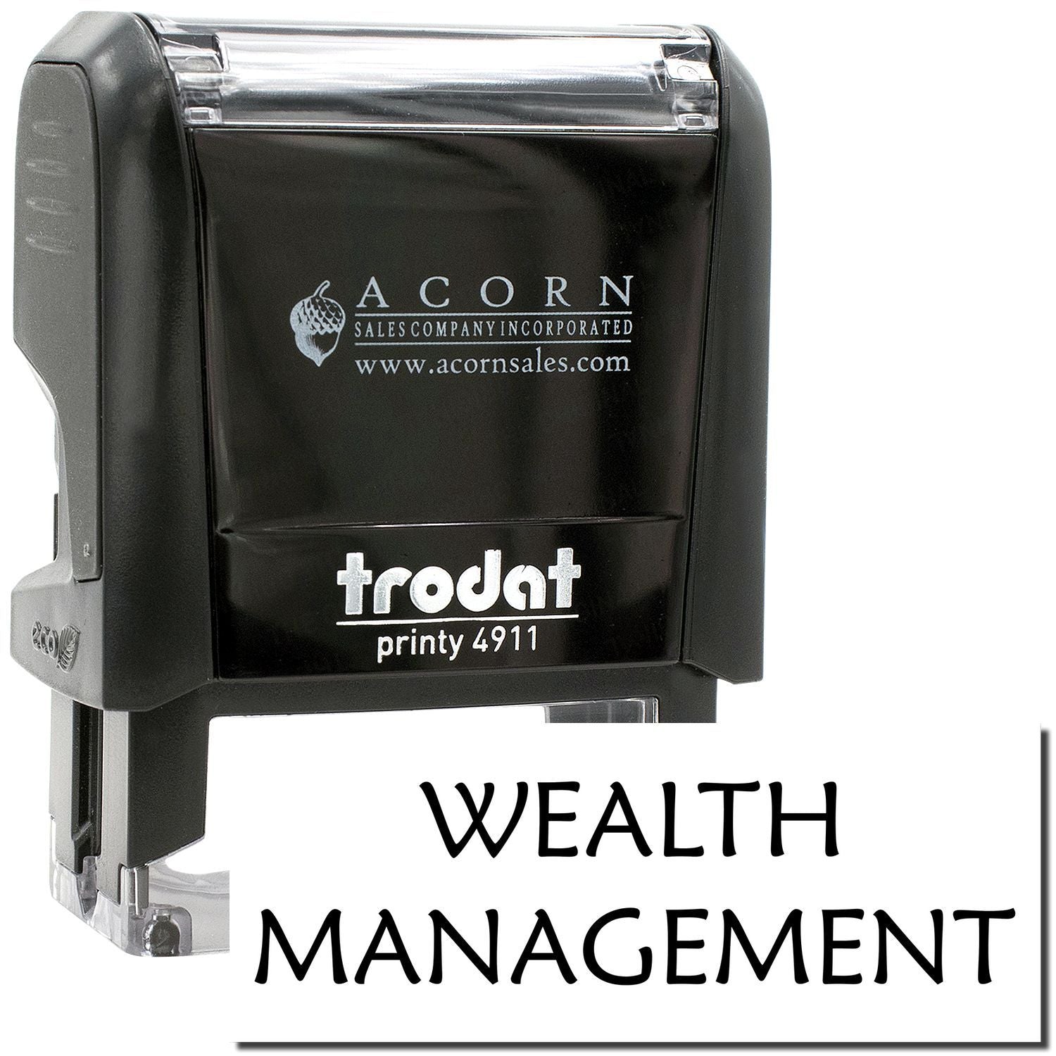 Trodat Printy 4911 custom self-inking wealth management stamp, black Acorn Sales Company logo seal