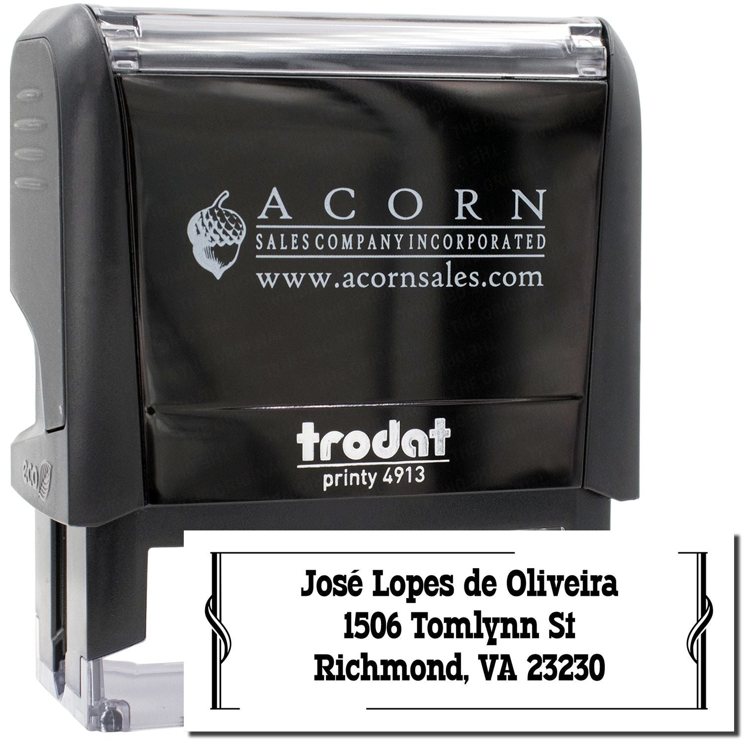 Custom self-inking address stamp with Trodat Printy 4913, featuring Acorn Sales Company logo and sample mailing imprint.