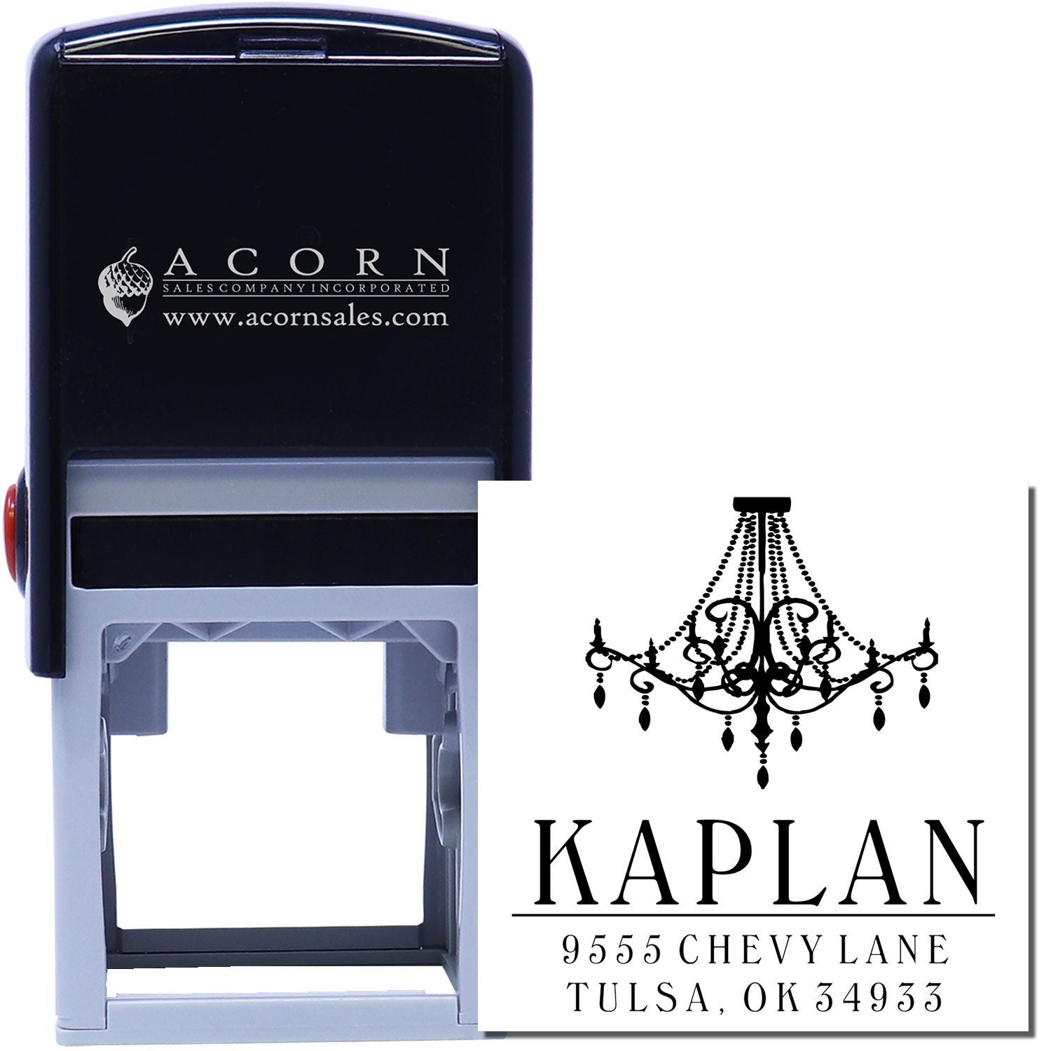 Custom self-inking rubber address stamp with chandelier logo for Kaplan, Tulsa, OK 34933