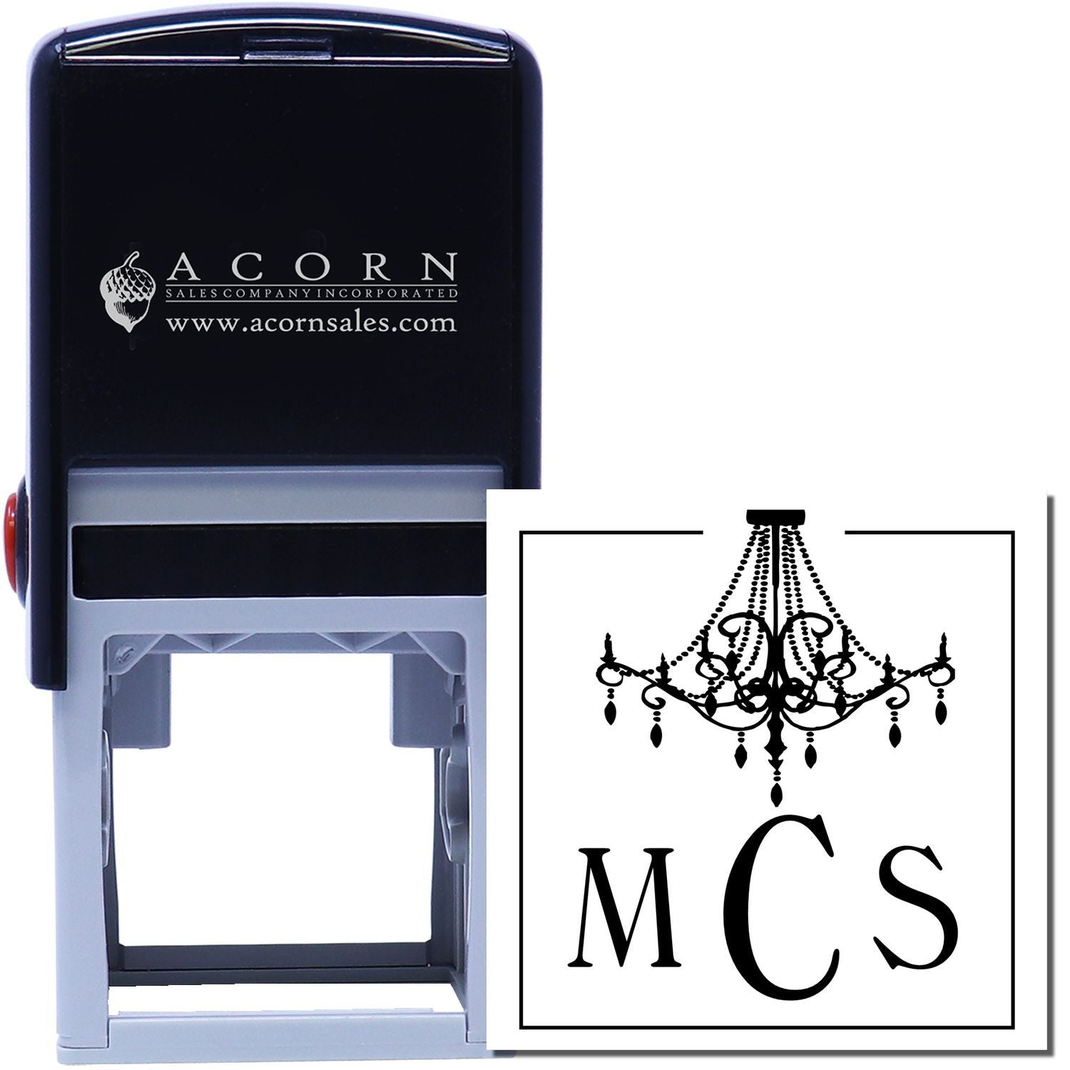 Custom self-inking rubber stamp with chandelier monogram MCS, ideal for personalized stationery, invitations, and branding.