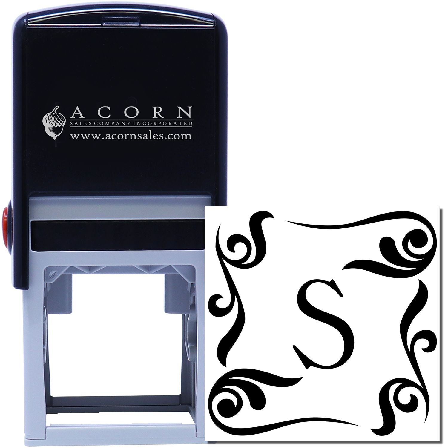 Custom self-inking monogram rubber stamp with ornate letter S design for stationery, branding, and labels.
