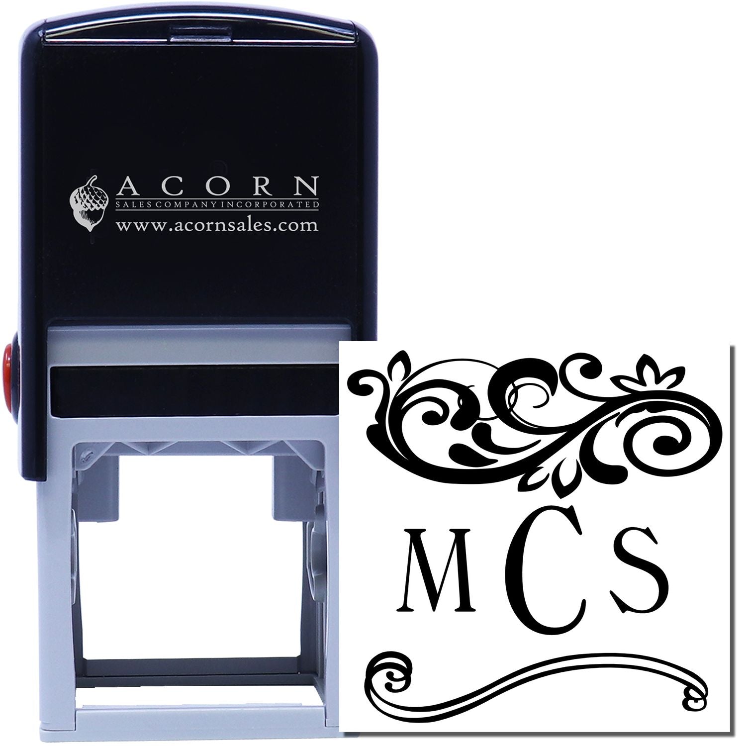 Custom self-inking rubber stamp with ornate MCS monogram for business branding, stationery, and logo stamping.