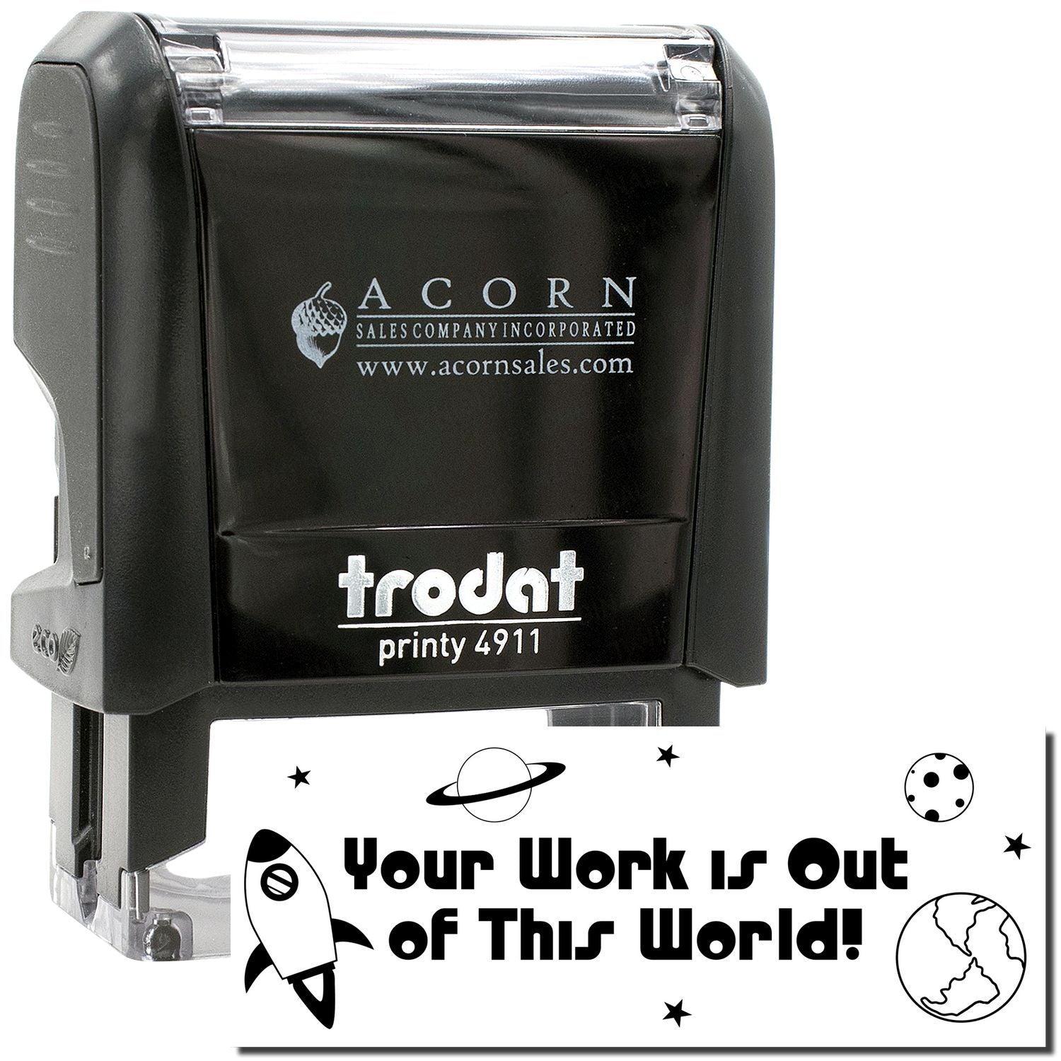 Trodat Printy 4911 self-inking custom stamp with Your Work Is Out of This World! space-themed design and rocket icons