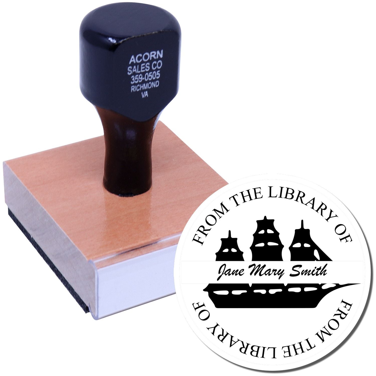 Personalized rubber library stamp with custom bookplate imprint for Jane Mary Smith