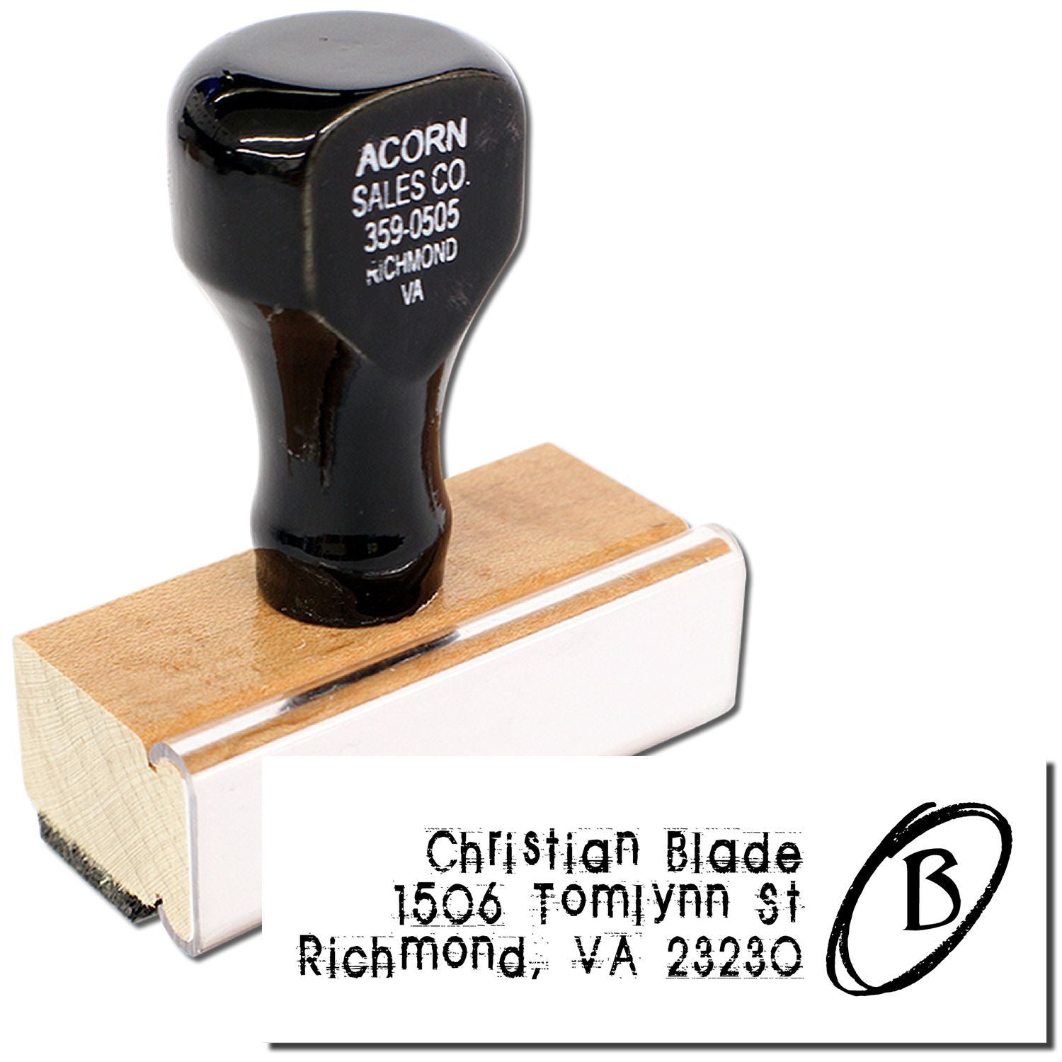 Custom wooden rubber address stamp with business name, address, and logo imprint sample