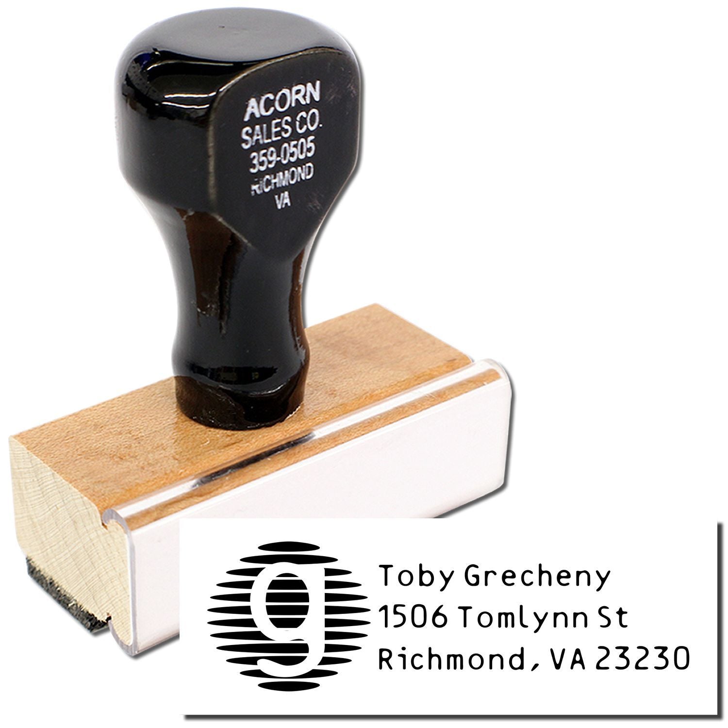 Custom return address rubber stamp with monogram and name, ideal for envelopes, wedding invitations, and business mail.