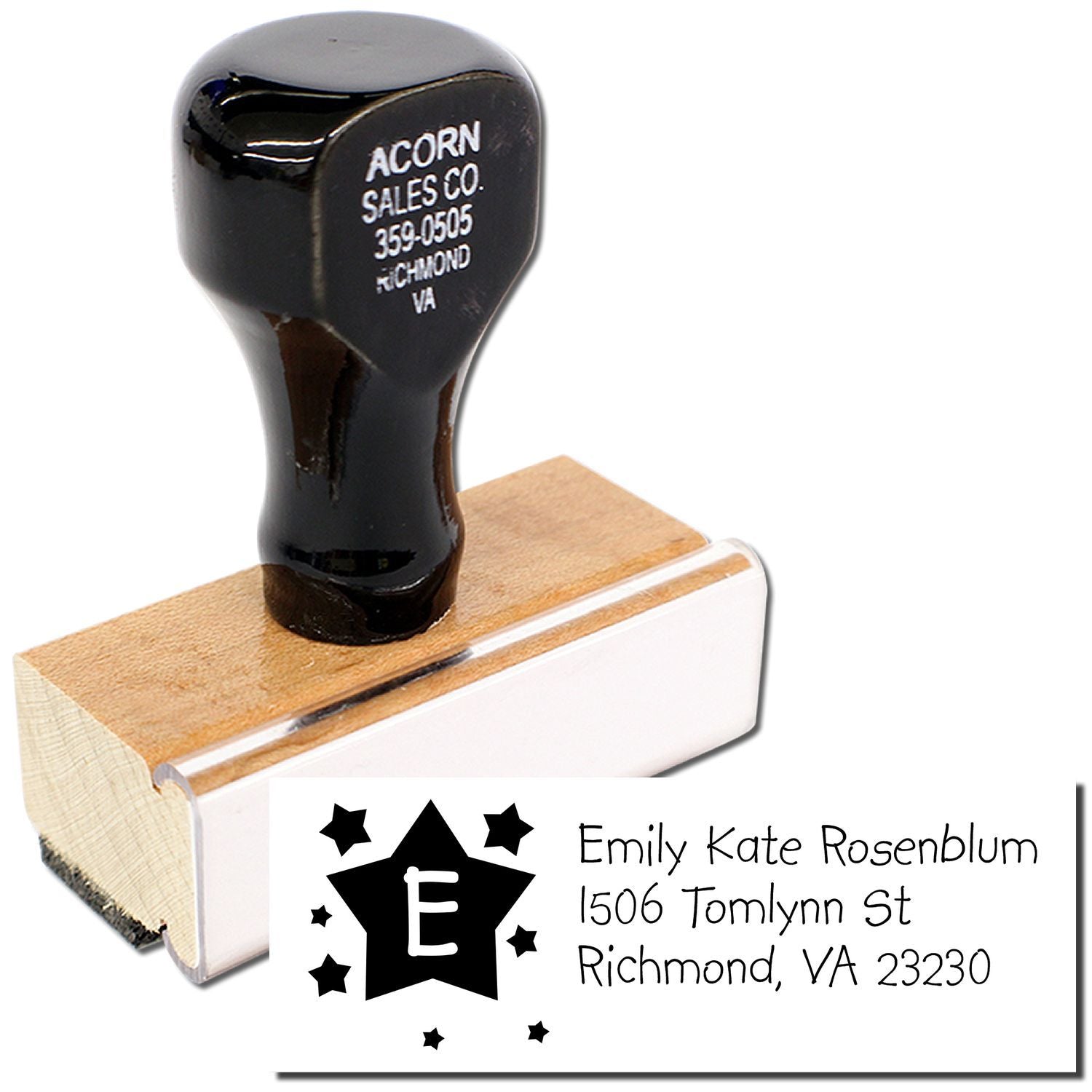 Custom address rubber stamp with monogram initial E for personalized mail, weddings, and business packaging