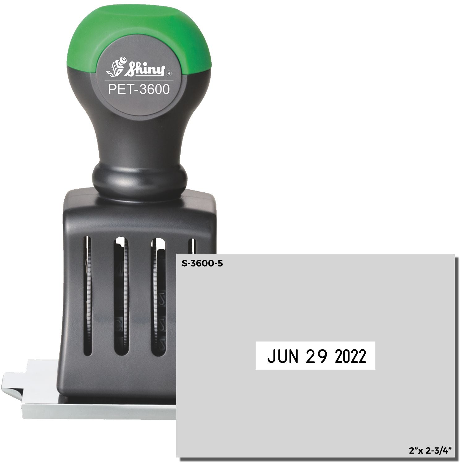 Shiny PET-3600 self-inking date stamp with custom Jun 29 2022 imprint, 2 x 2-3/4 inch size.