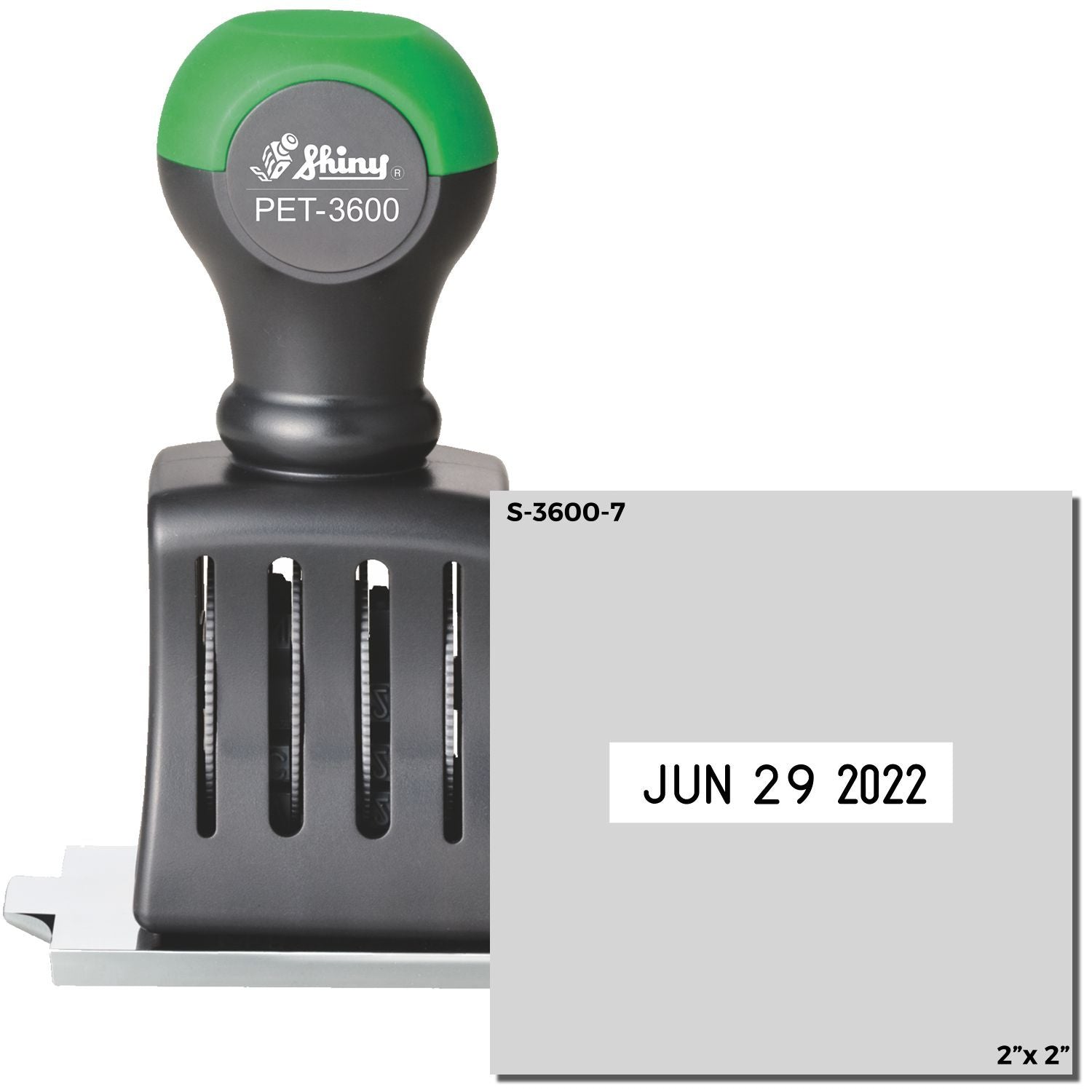 Shiny PET-3600 self-inking date stamp, 2x2 inch impression, green and black handle, showing JUN 29 2022 date.