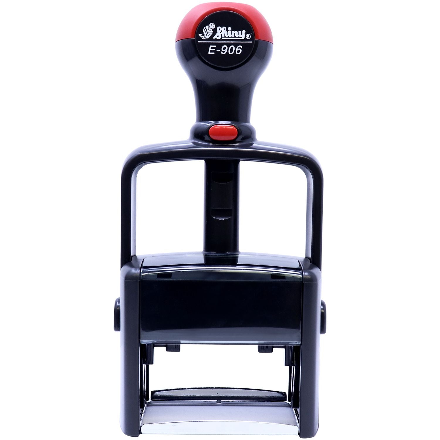 Shiny E-906 ink stamp machine front view with model label and red button for quick product marking and labeling