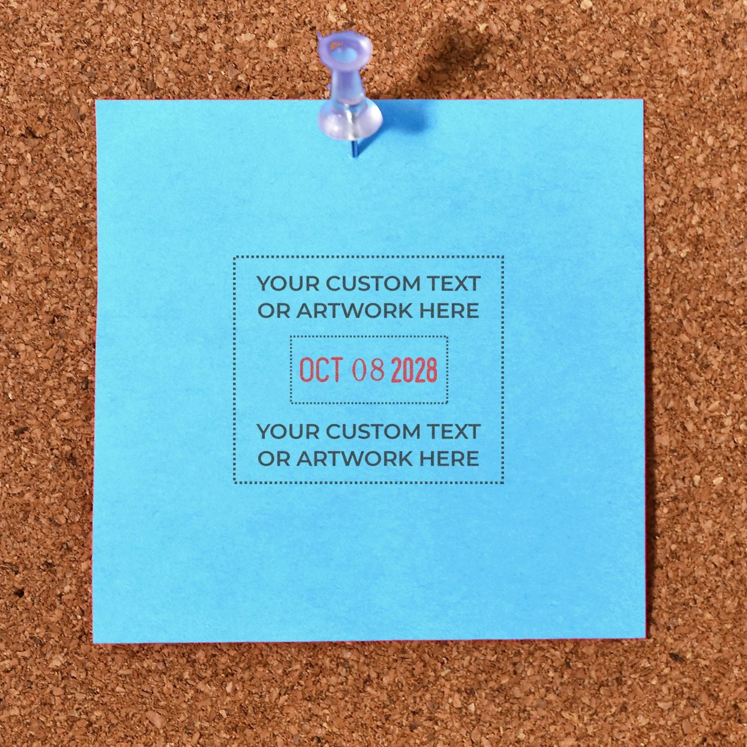 Customizable blue sticky note pinned to a cork board with placeholder text and date 08 Oct 2028.