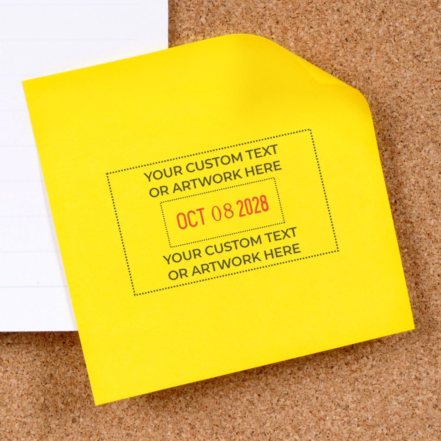 Bright yellow custom text card mockup on a corkboard background.