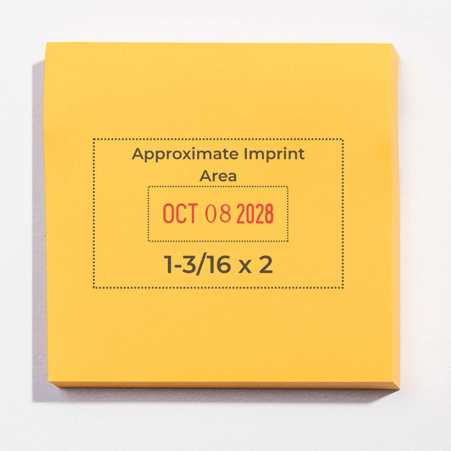 Yellow sticky note pad with approximate imprint area, OCT 08 2028 date, and 1-3/16 x 2 size text printed on the cover.