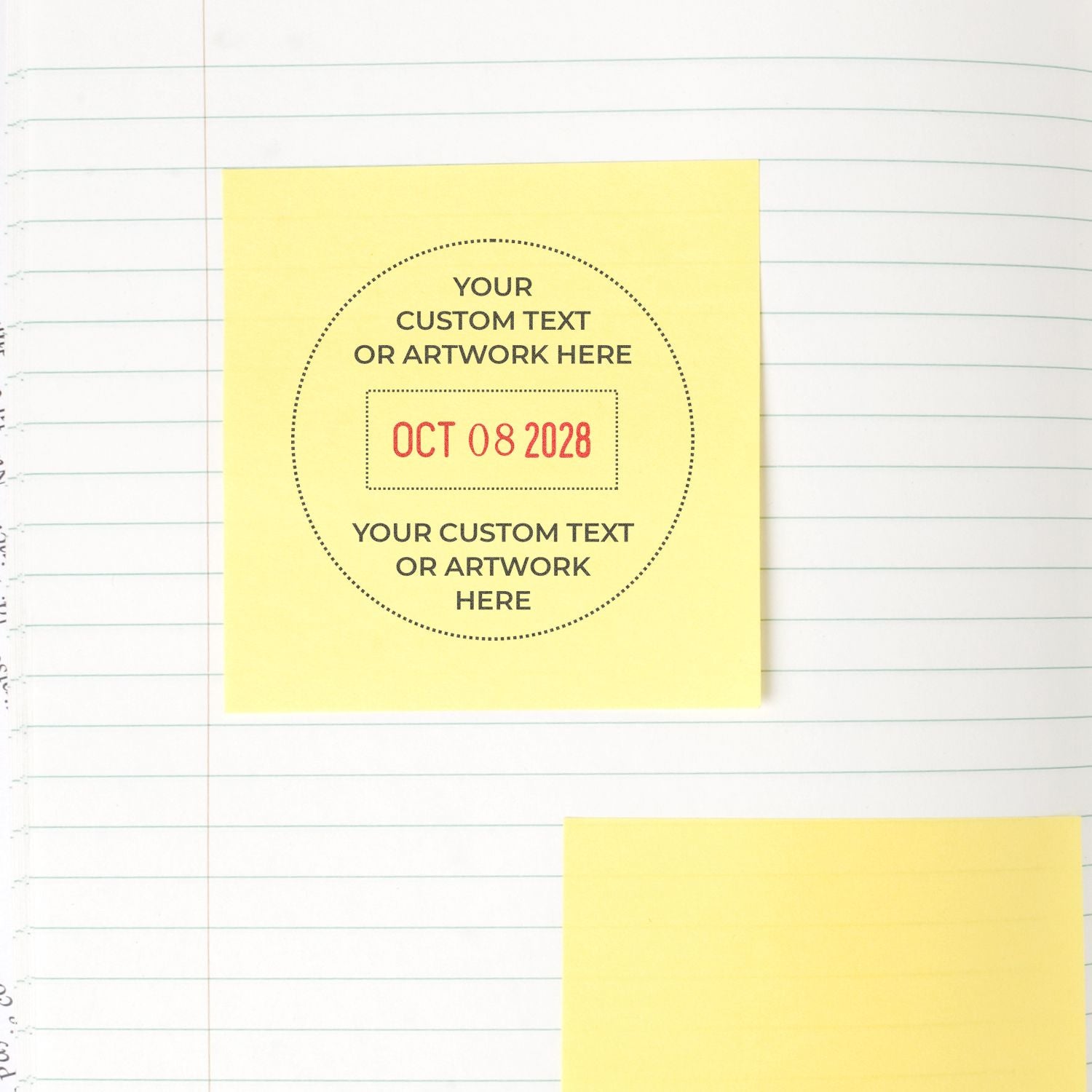 Yellow sticky note mockup on lined notebook paper with custom text and artwork placeholder, featuring date stamp Oct 08 2028 and a second blank note partially visible.