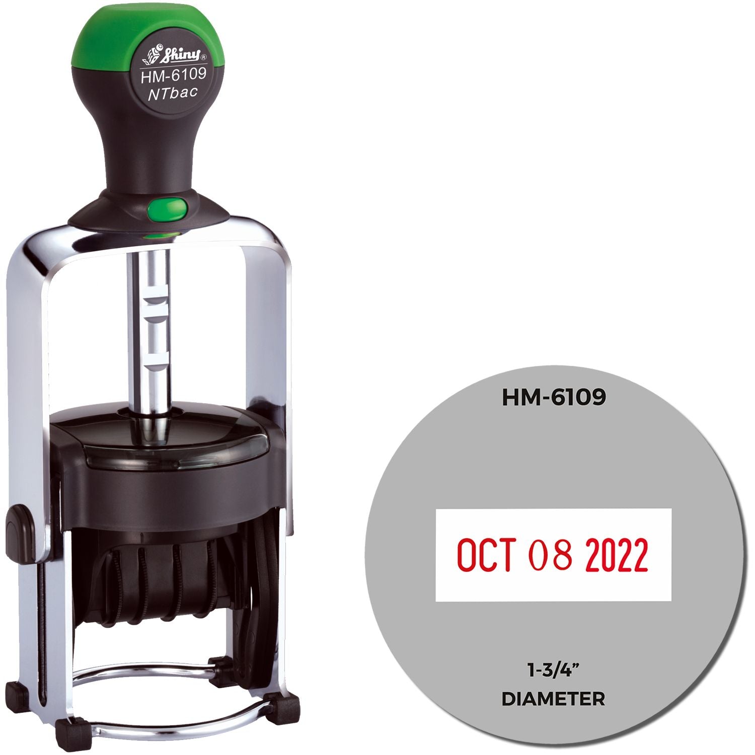 Shiny HM-6109 NTbac self-inking date stamp with adjustable date, OCT 08 2022 imprint, 1-3/4 inch diameter.
