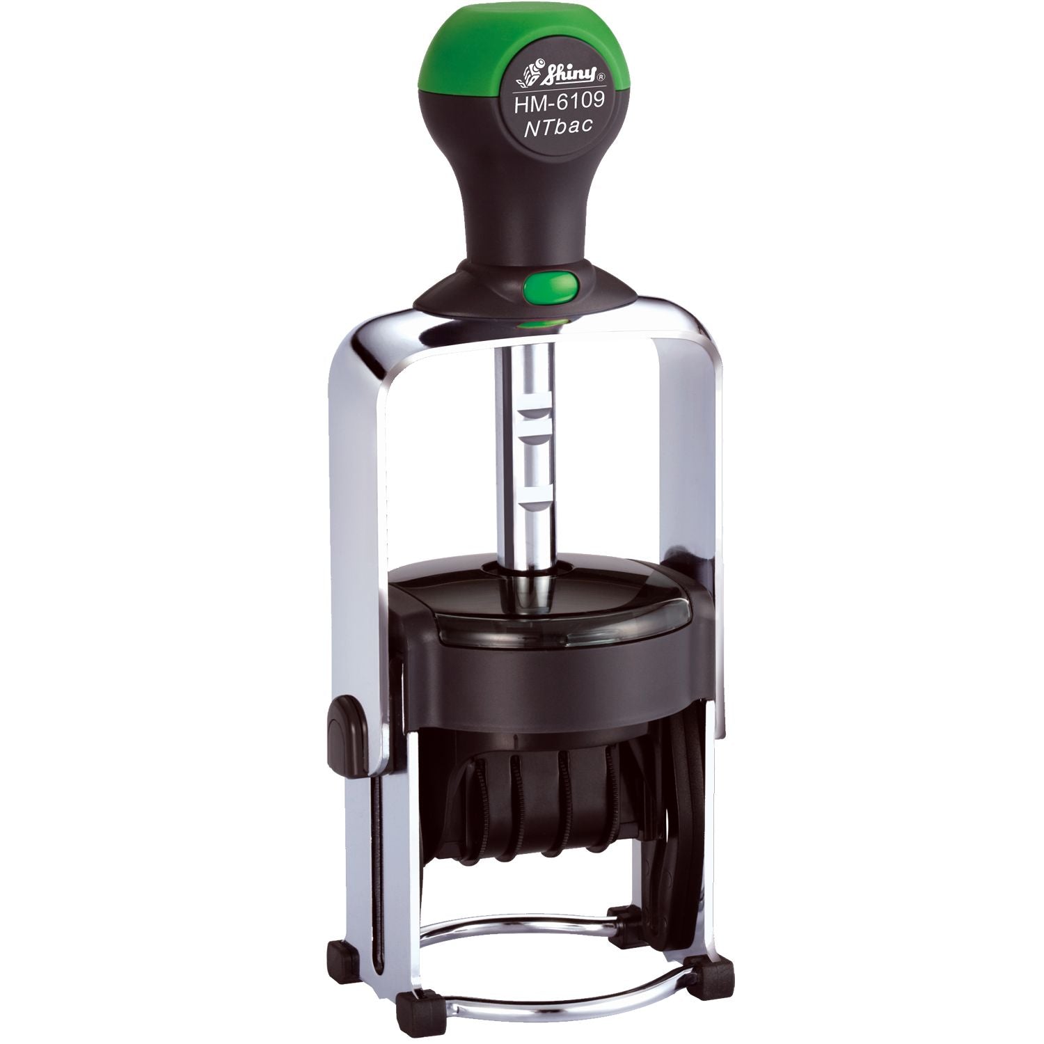 Shiny HM-6109 NTbac self-inking date stamp with adjustable text bands and durable metal frame.