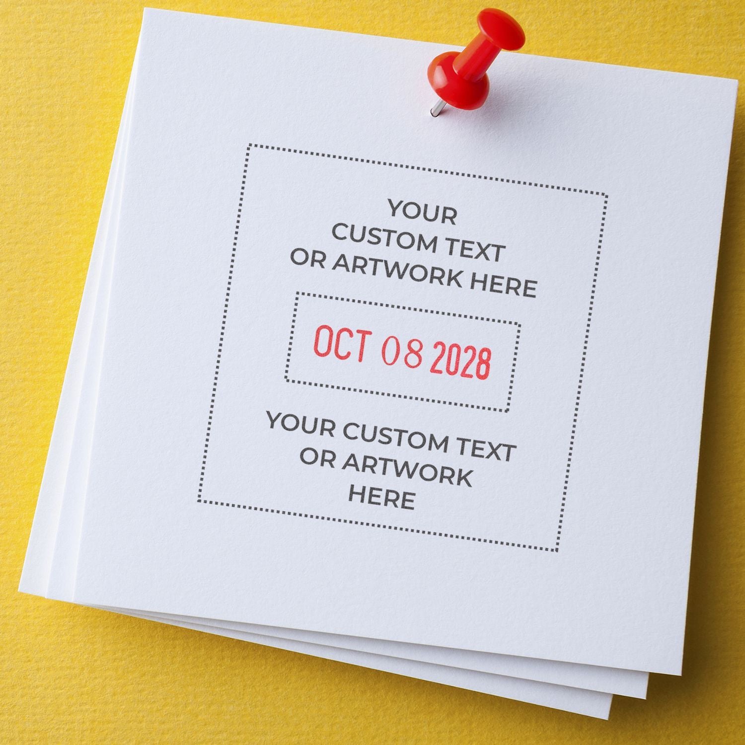 Printable custom text template on white paper stack pinned with a red pushpin, featuring date Oct 08 2028 on a yellow background.