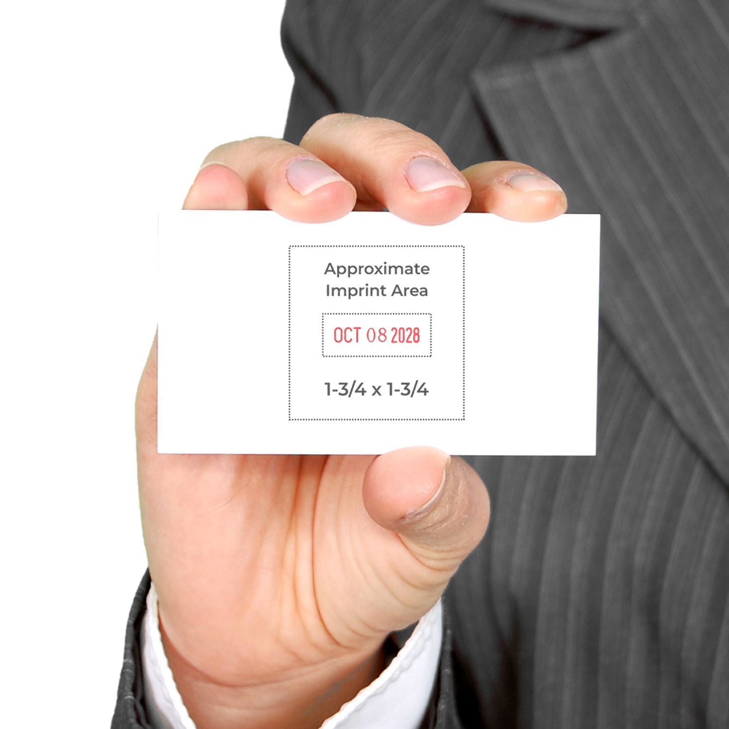 Businessman holding blank business card template with approximate imprint area and date stamp, 1-3/4 x 1-3/4 size.