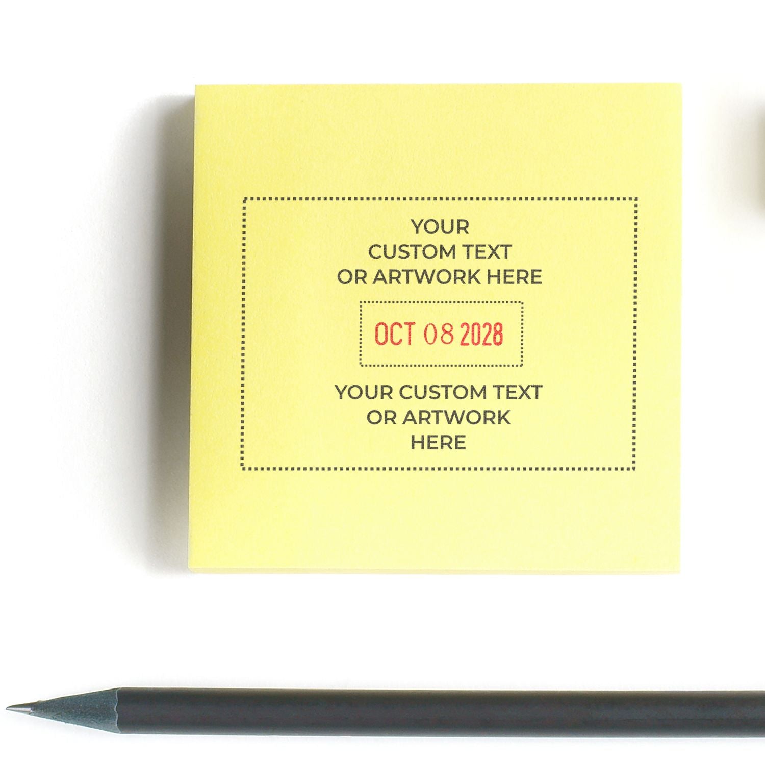 Yellow personalized sticky note with custom text placeholder and date stamp, shown above a black pencil on white background