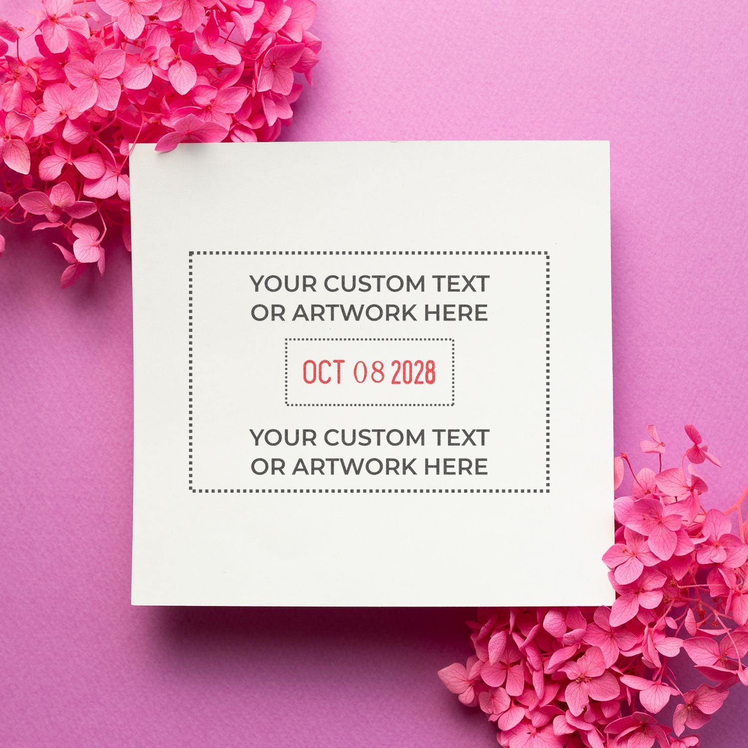 Pink hydrangea floral wedding invitation mockup with blank custom text card on a pink background, elegant feminine event design.