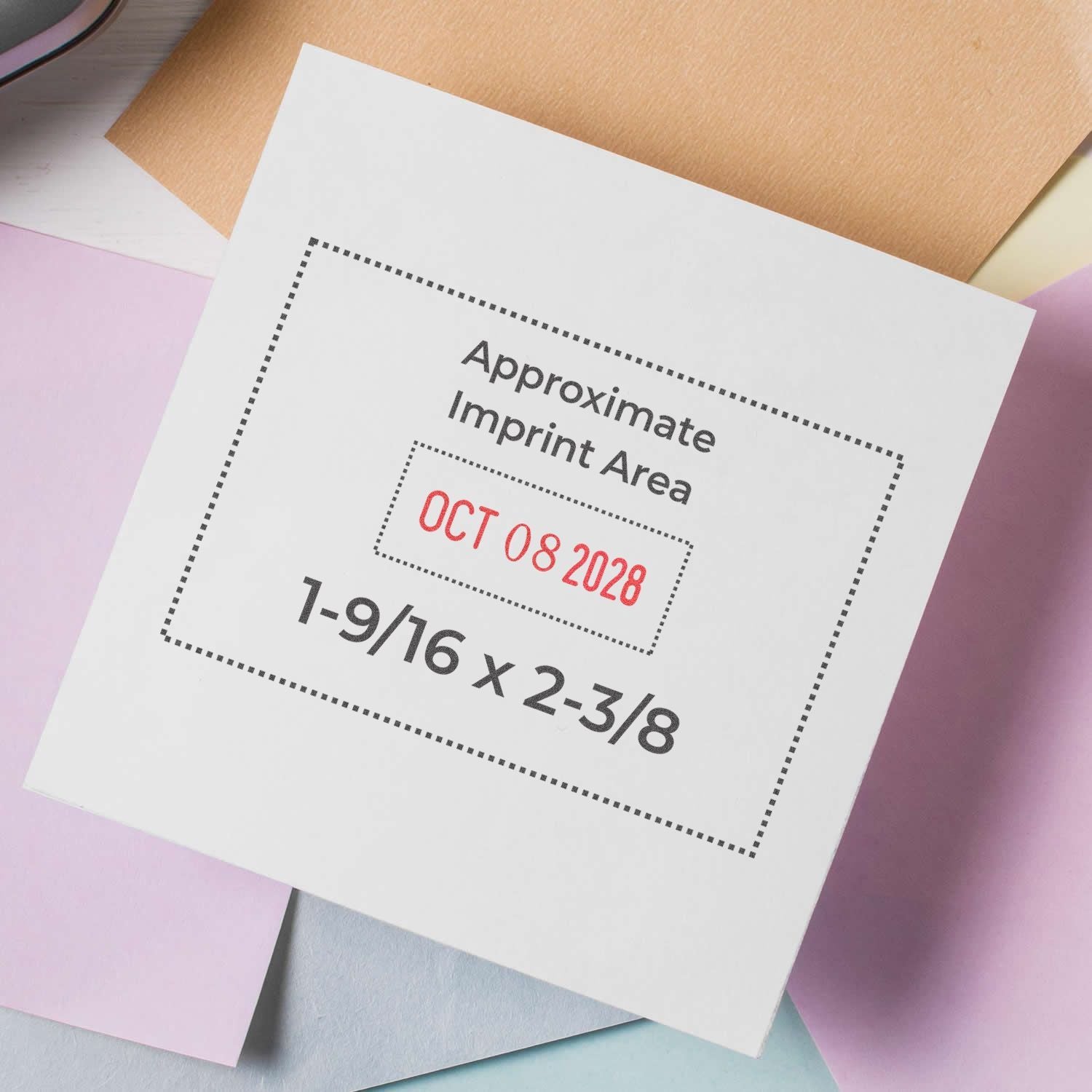 Custom stamp template showing approximate imprint area, date, and 1-9/16 x 2-3/8 paper size on pastel background.