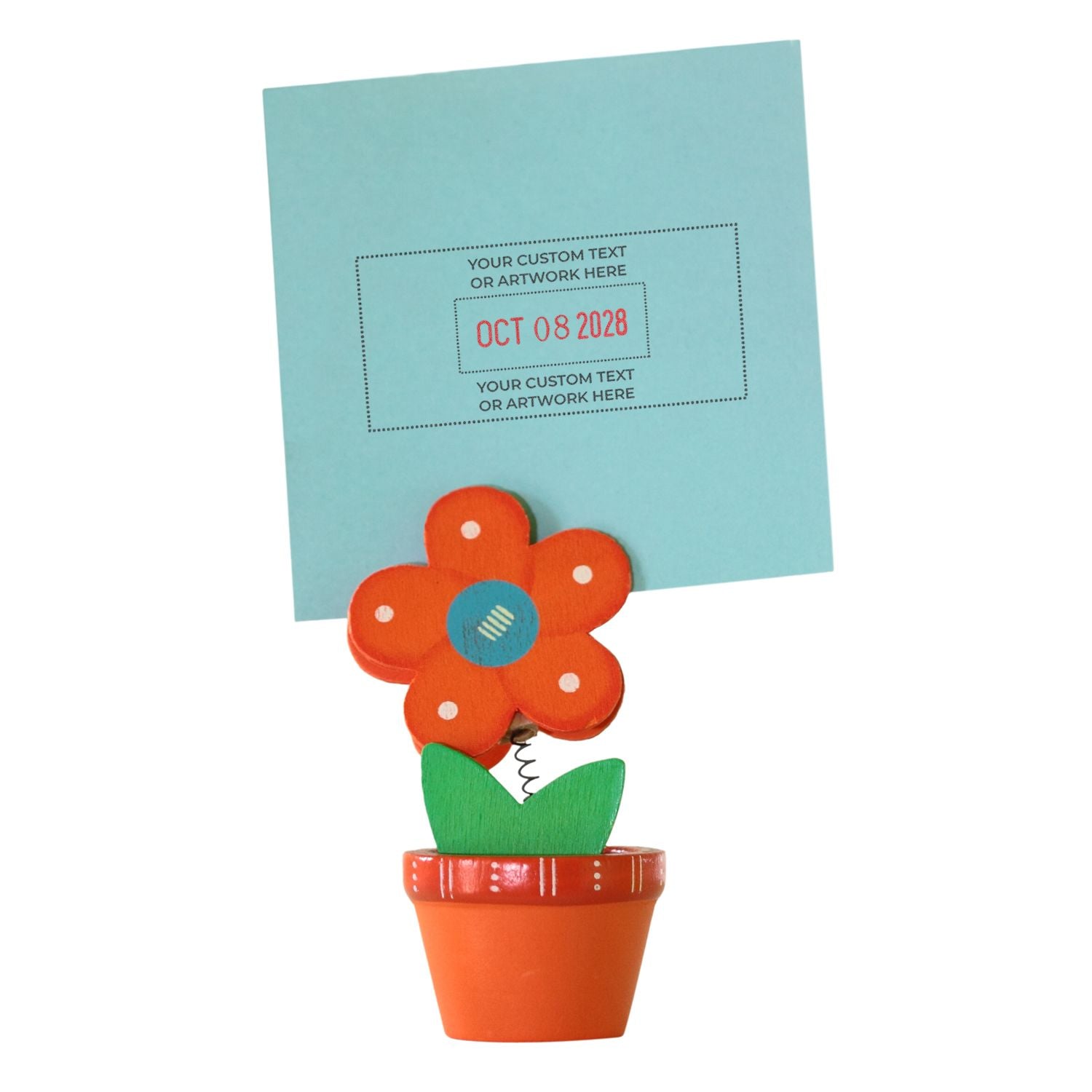 Colorful wooden flower photo holder with customizable card and orange potted design, perfect for desk decor or gift display