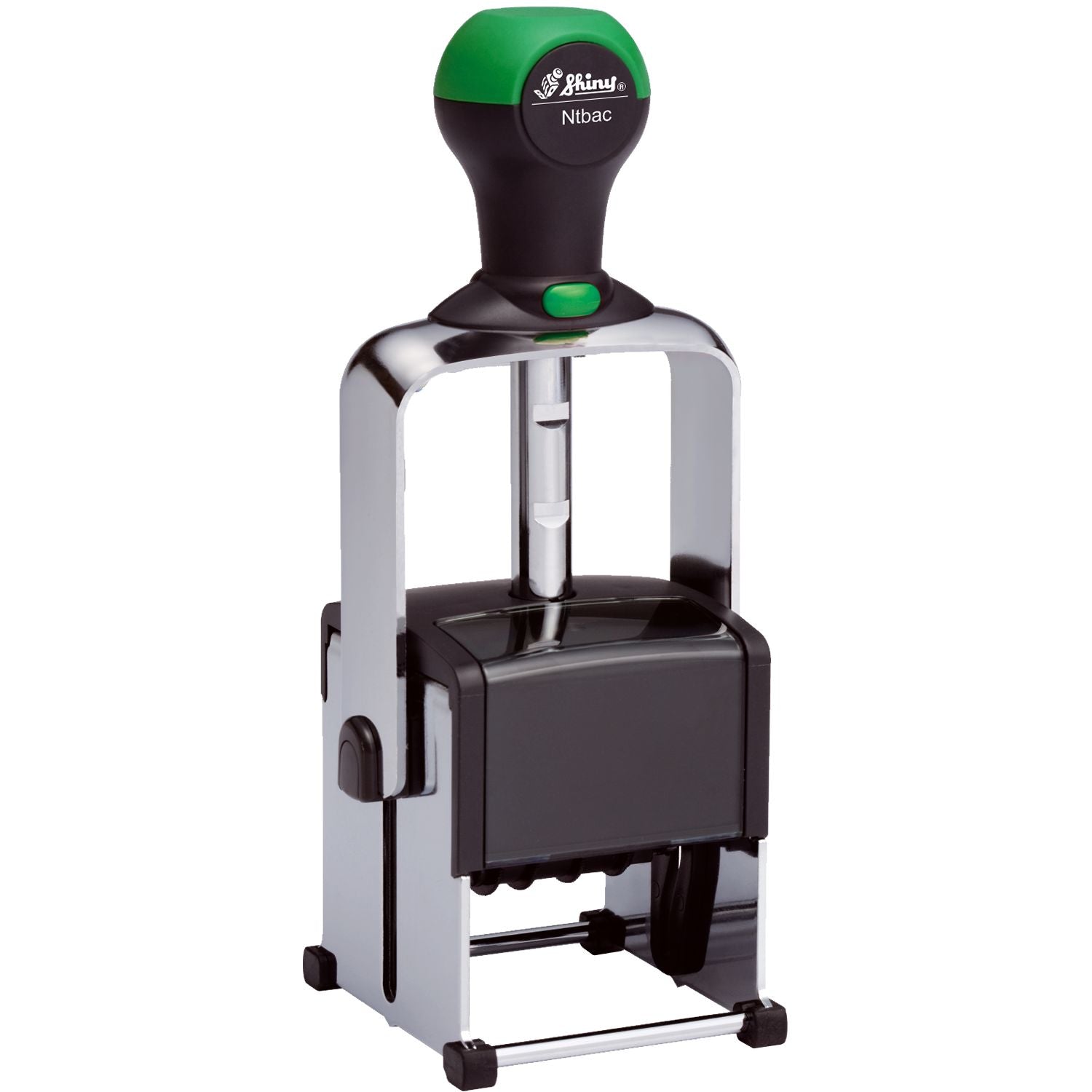 Shiny NTBAC self-inking office stamp with green handle on white background