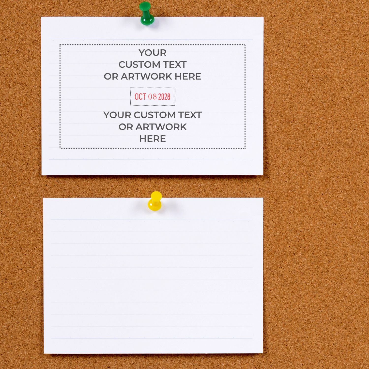 Two blank note cards pinned on a cork board, one with custom text and date placeholder for editable template design.